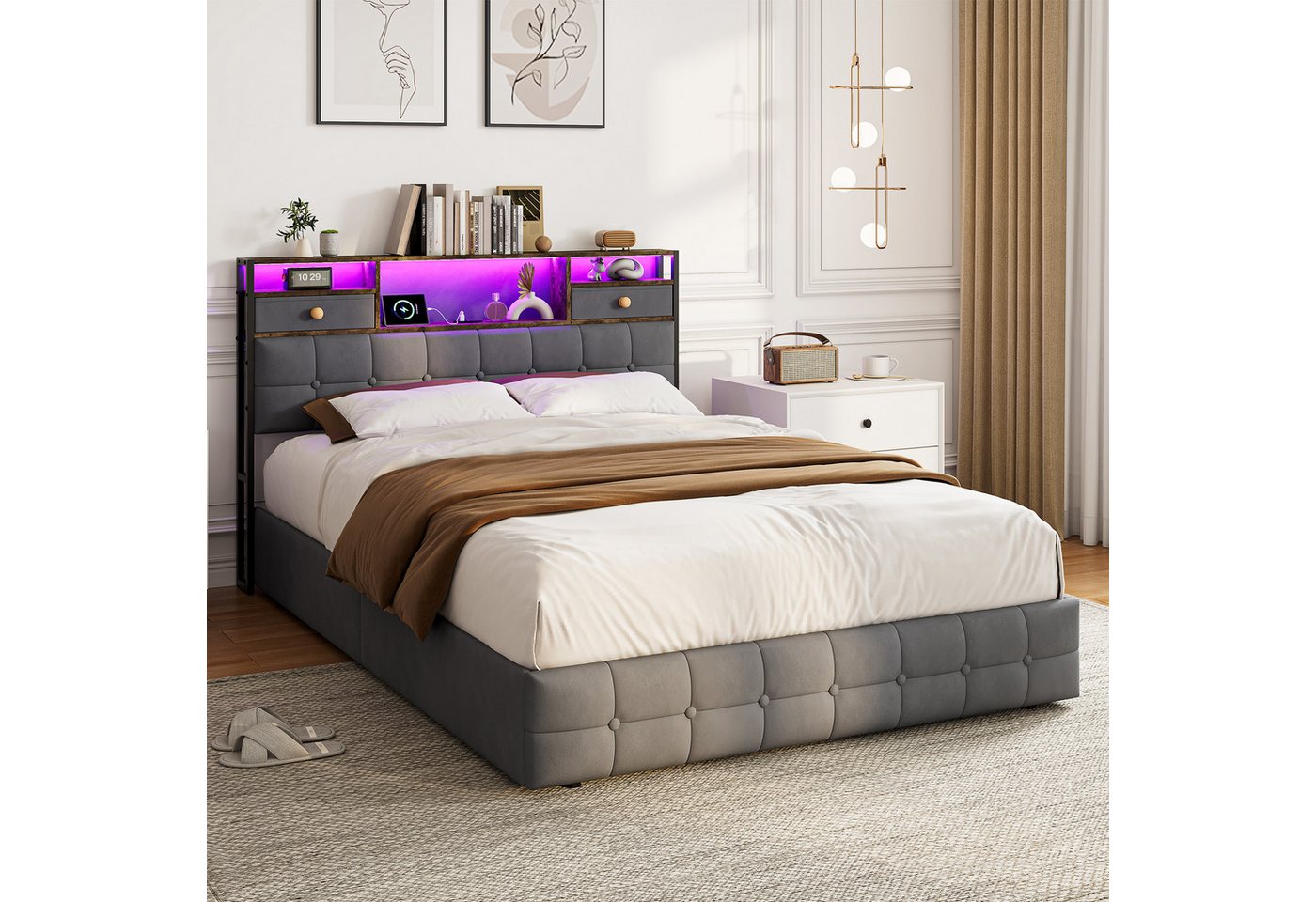 Simurq Polsterbett boxspringbett 140x200,polsterbett,doppelbett mit LED und USB (1-tlg, Stauraumbett mit Bettkasten und Kopfteil), Jugendbett mit Lattenrost,Samt,ohne Matratze