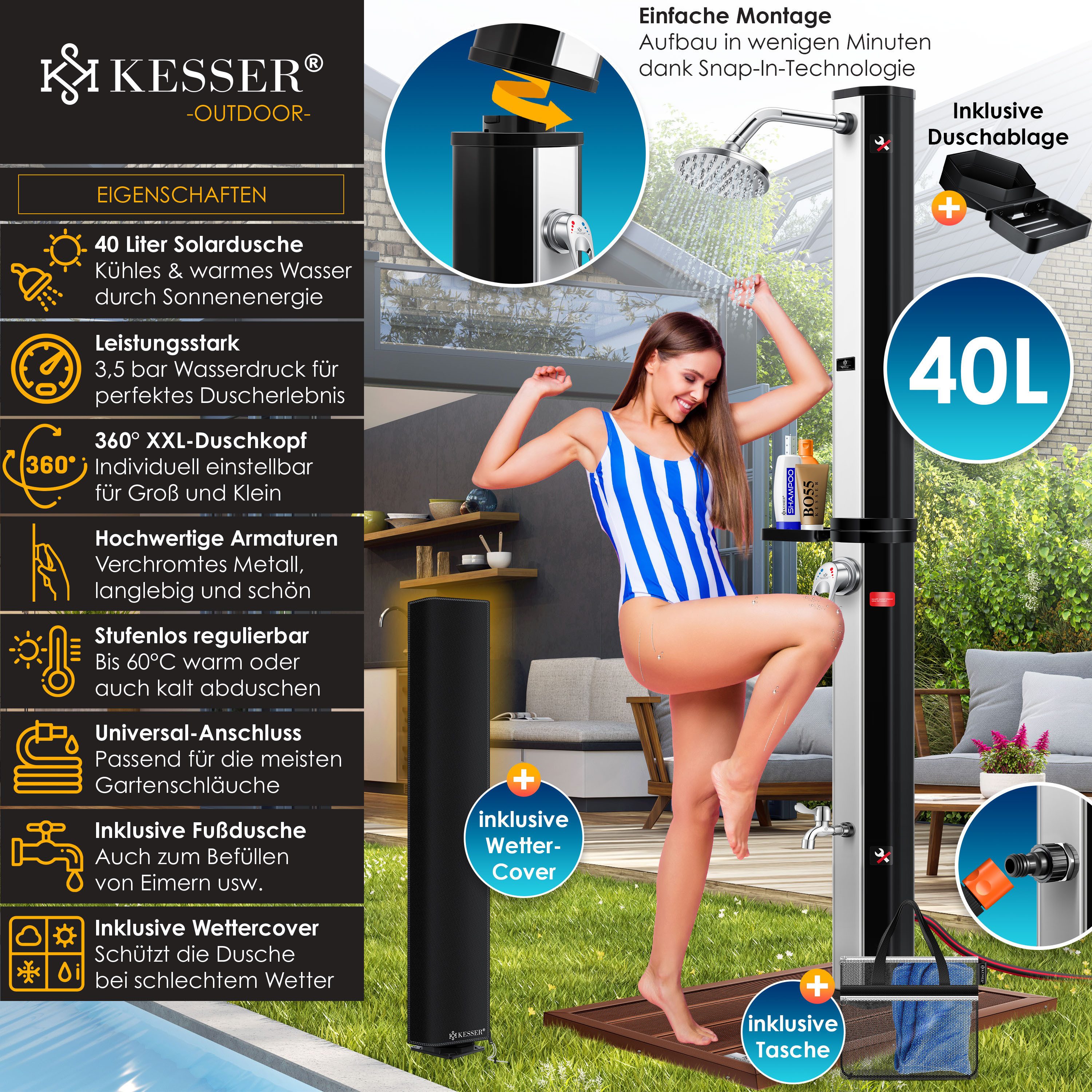 KESSER Solardusche, Solardusche 40- 60 Liter Solar Gartendusche warmes Wasser