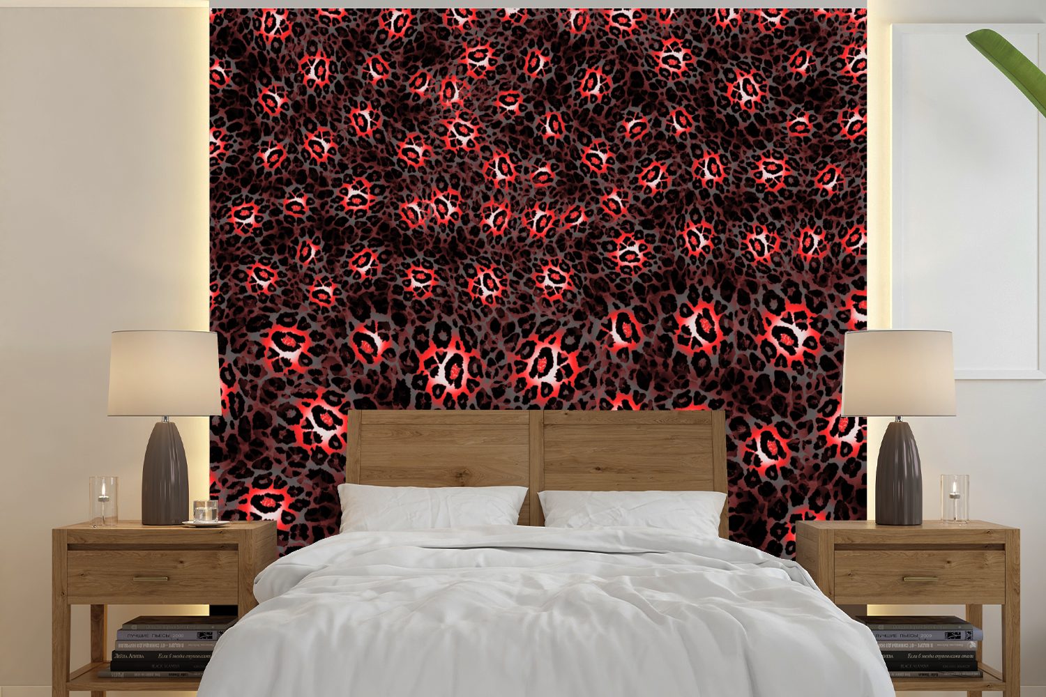 MuchoWow Fototapete Leopard - Rot - Muster, Matt, bedruckt, (5 St), Vinyl Tapete für Wohnzimmer oder Schlafzimmer, Wandtapete