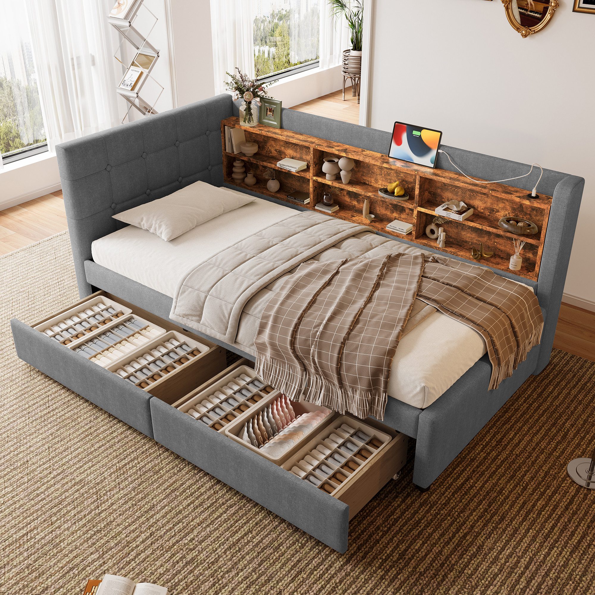 Odikalo Schlafsofa Schlafcouch Tagesbett Daybed Auszug USB Lattenrost 90x200 Beige Grau