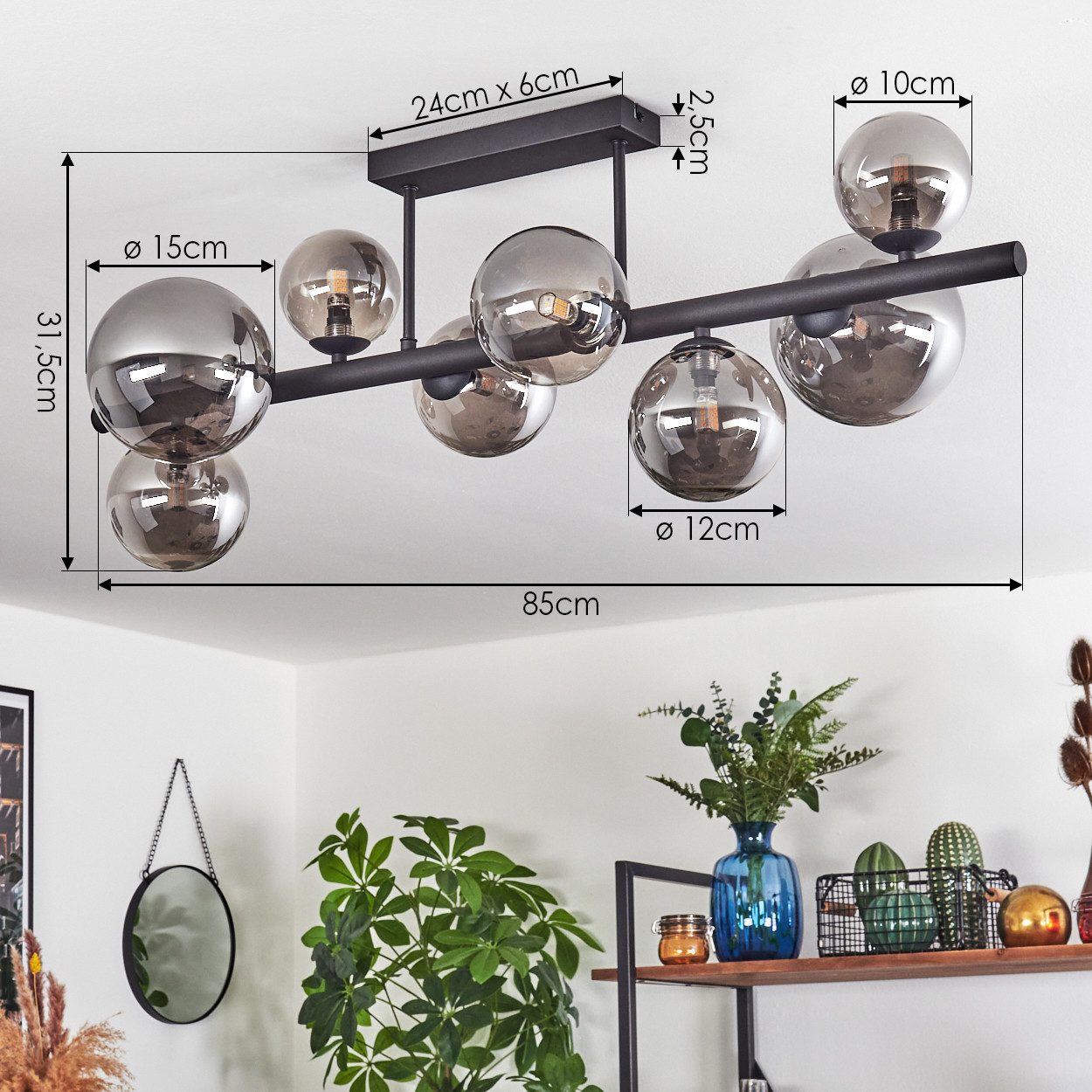 hofstein Deckenleuchte Deckenlampe aus Metall/Glas in Schwarz/Rauchfarben, ohne Leuchtmittel, Leuchte im Retro/Vintage-Design, Glasschirme (10, 12, 15 cm), 8 x G9