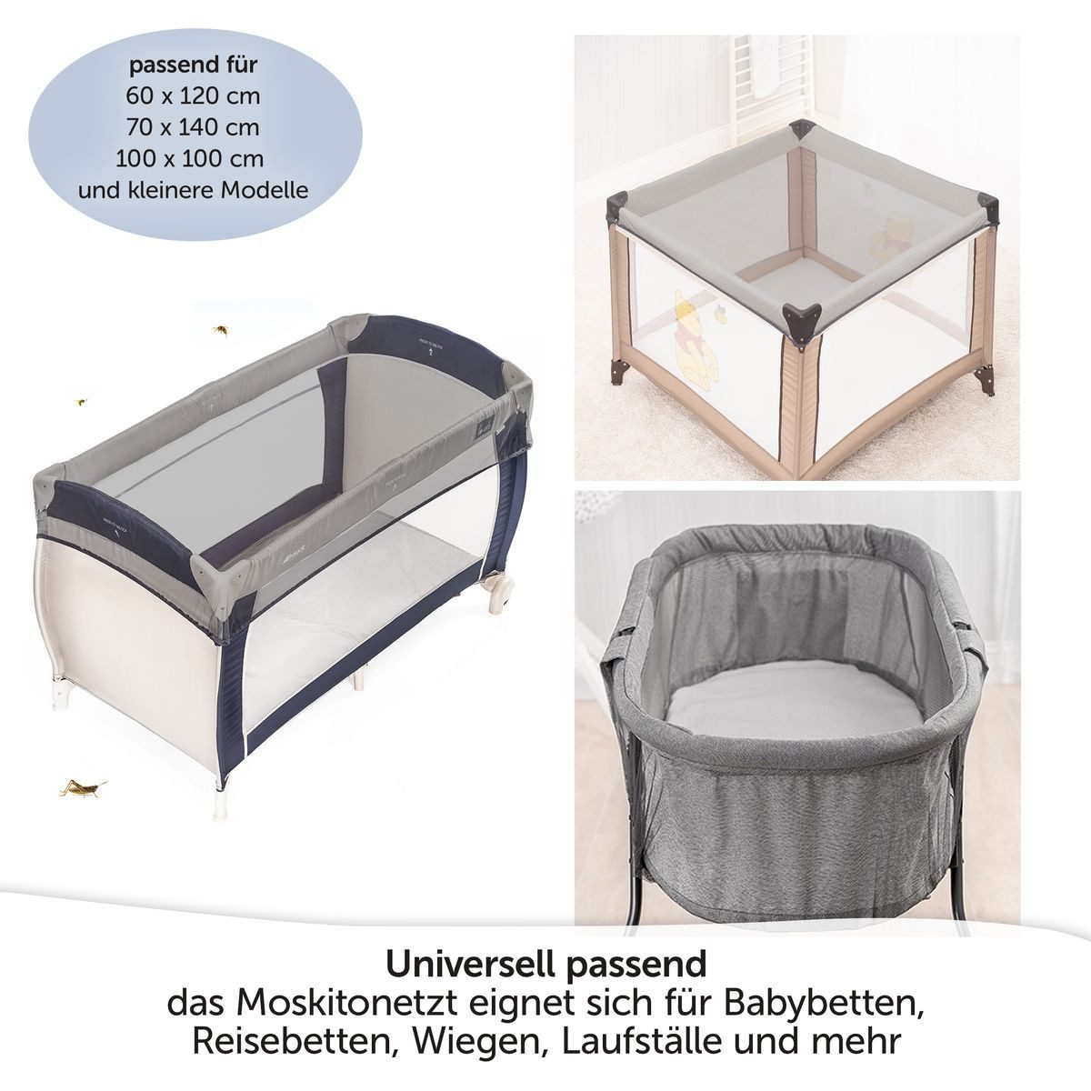 Zamboo Baby-Reisebett Universal - Grau, Insektenschutz / Mückennetz für Baby Reisebett Moskitonetz Babybetten