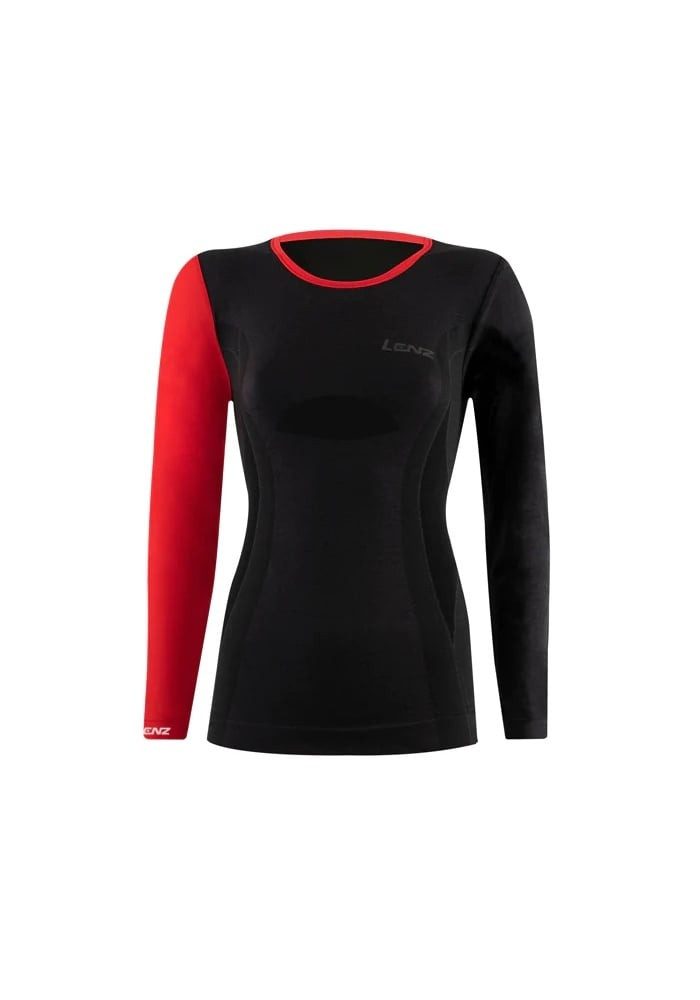 Lenz Langarmshirt Funktionsunterwäsche Merino 6.0 Rundhals schwarz/rot Damen