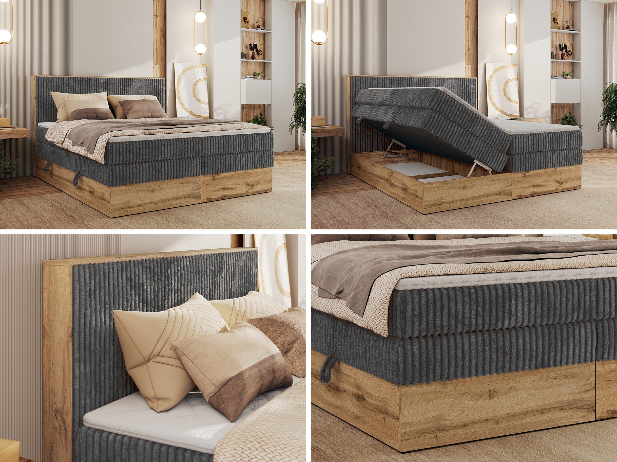 MKS MÖBEL Boxspringbett WOOD CLASSIC KING (Packung, Set, Topper T25/Visco, hohe Kopfteil, Multipocket-Matratze), Polsterbett, zwei Bettkästen, Möbelplattenelementen