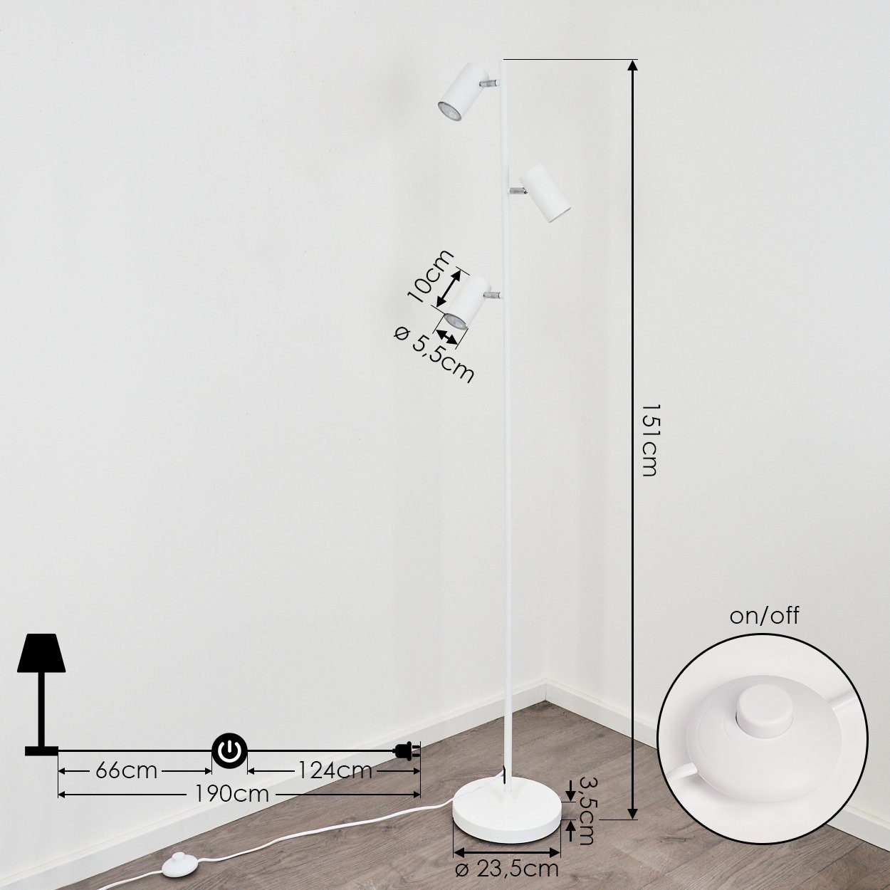 hofstein Stehlampe Metall aus Kabel 3xGU10 verstellbaren und am Fußschalter in Leuchtmittel, Chrom, mit »Gambellara« ohne 3-flammige Stehlampe Weiß Schirmen, mit