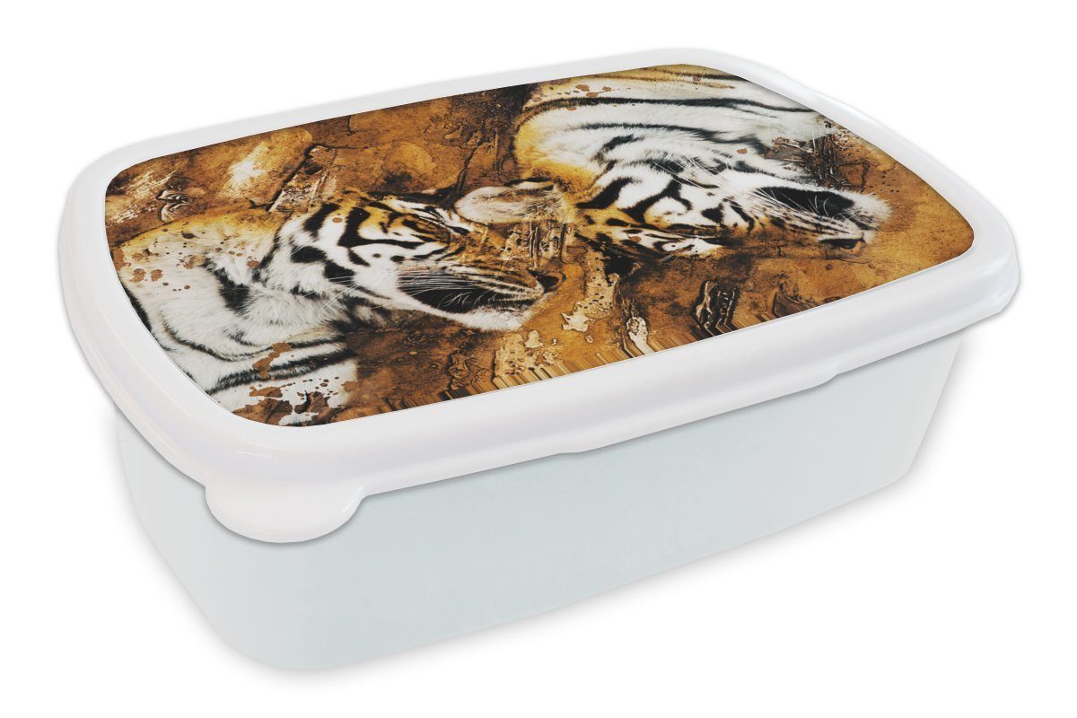 MuchoWow Lunchbox Tiger - Baum - Natur, Kunststoff, (2-tlg), Brotbox für Kinder und Erwachsene, Brotdose, für Jungs und Mädchen weiß