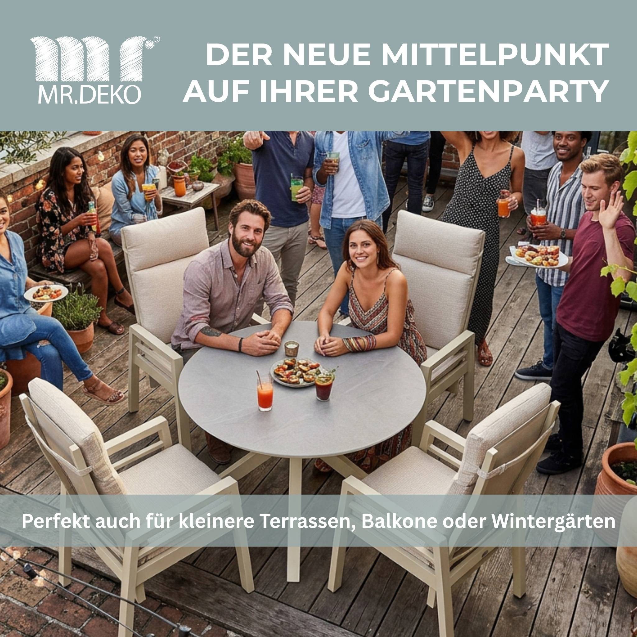 MR.DEKO Gartentisch rund Malaga Ø 120cm wetterfest Aluminium Keramik in Ivory (Mit X-Gestell & Keramik-Tischplatte – stilvoller Esstisch für Outdoor, 1-St), Wetterfest & modern – Tisch Höhe anpassbar, pflegeleicht