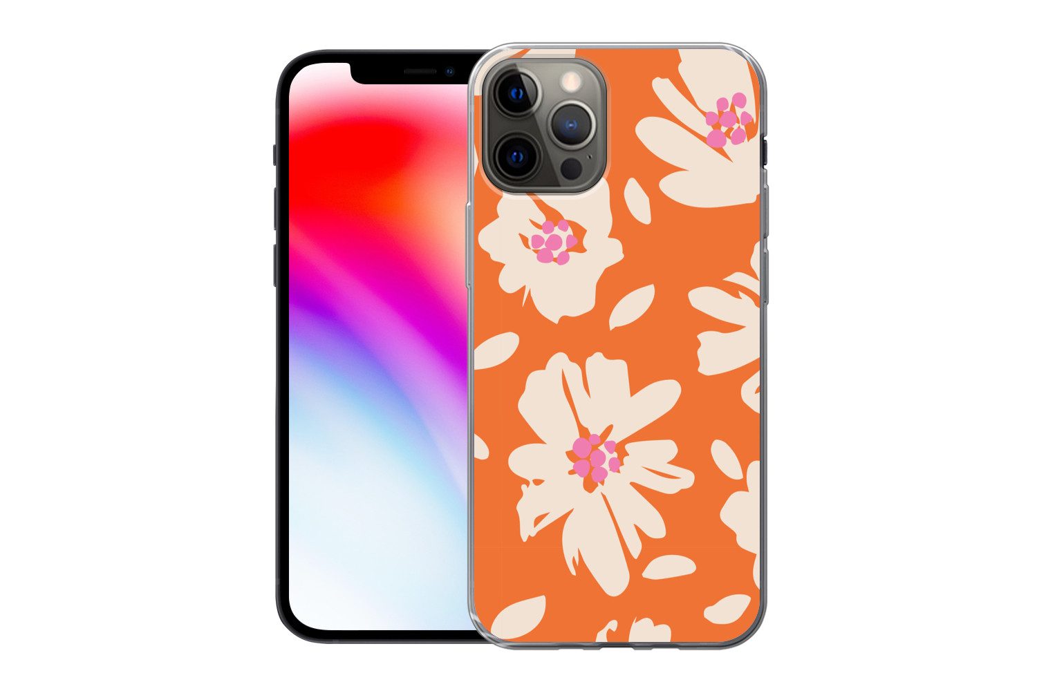 MuchoWow Handyhülle für Apple iPhone 12 Pro Blumen - Orange - Beige - Rosa - Abstrakt, Smartphone-Bumper, Print, Handy Schutzhülle Dünn
