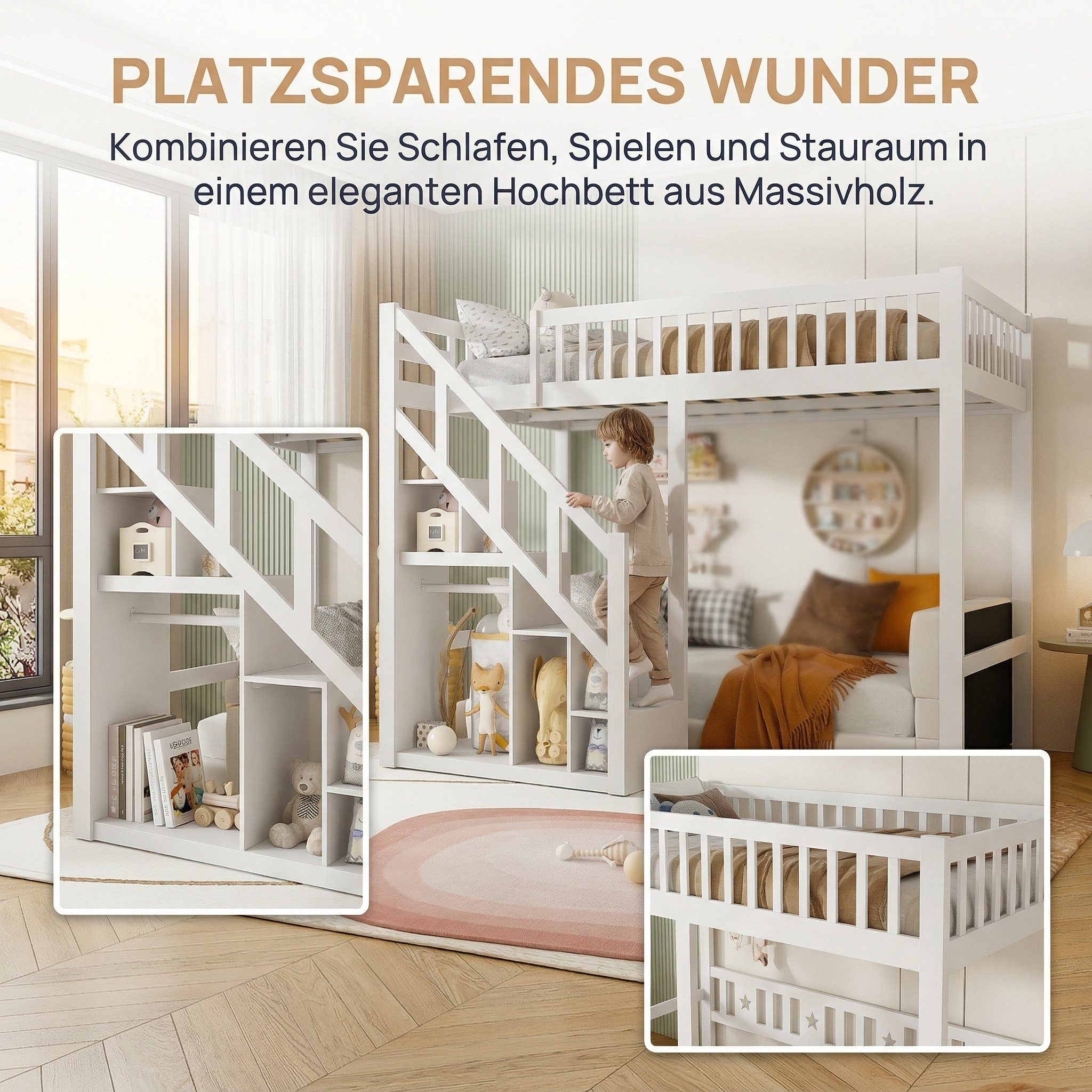 PXloue Hochbett 90/140 x 200 Stauraumbett Kinderbett Holzbett Mit Treppe, Absturzsicherung, Erholungsgebiet, 90x200 cm