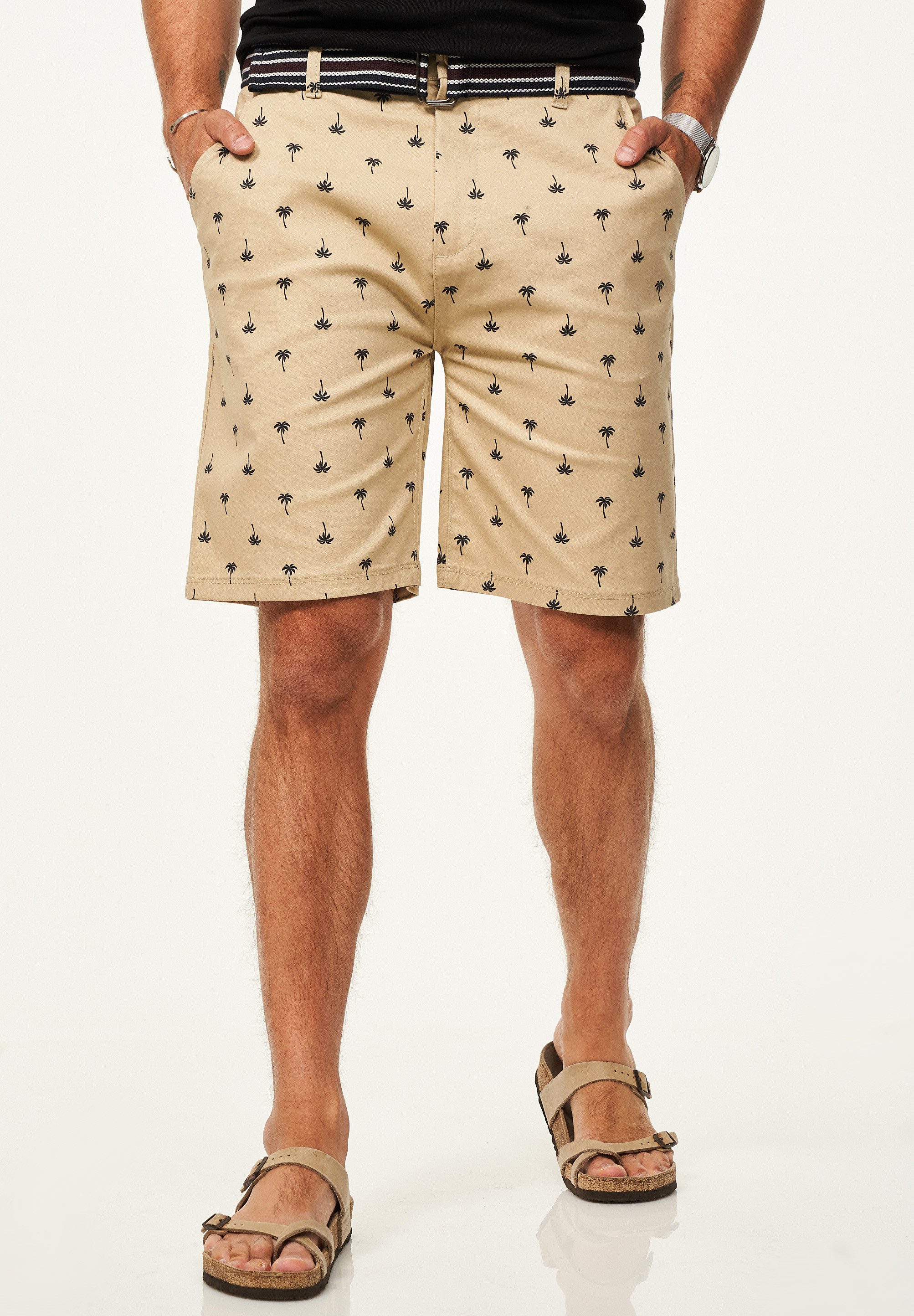 SOULSTAR Chinoshorts für Herren mit Palmenmuster & Gürtel im Regular-Fit Ku günstig online kaufen