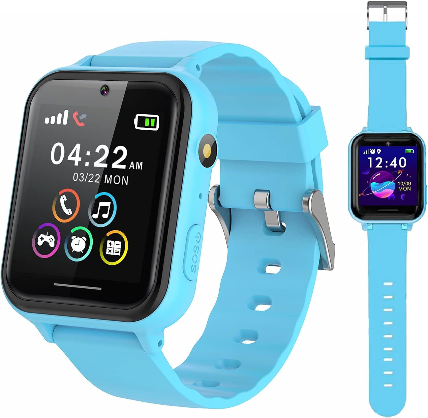 PTHTECHUS für Kinder Jungen und Mädchen Rechner Schrittzähler Taschenlampe Smartwatch, mit Zwei Wege Telefon SOS Spiel Musik MP3 Video Player HD SelfieKamera