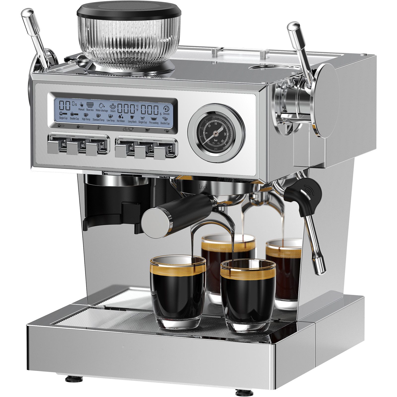 AIMAX Espressomaschine CM1610A mit integriertem Mahlwerk, Retro Design aus Edelstahl, 20 Bar, Filter aus Edelstahl 58mm, Dual-Boiler, PID, One-Touch-Brühfunktion, Manometer, Dampfdüse, 1.6L