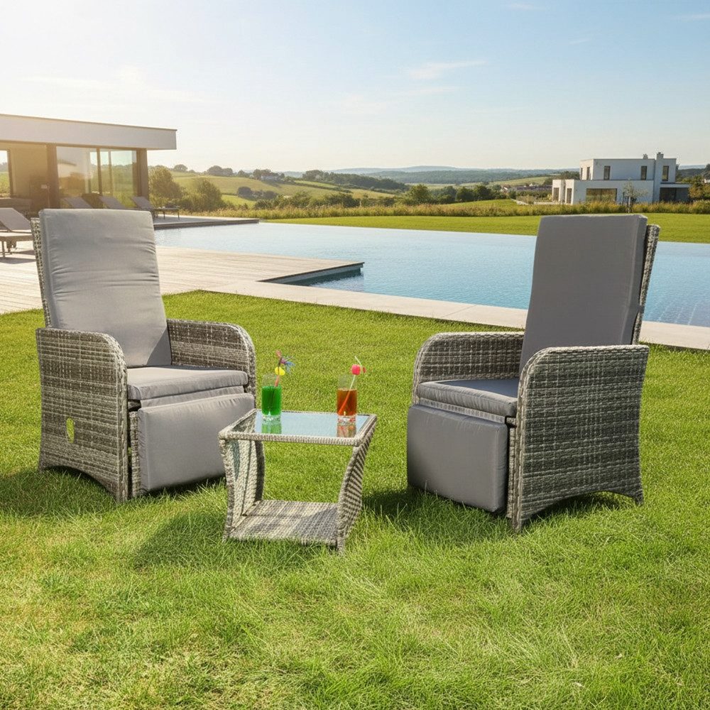 Melko Sitzgruppe Sitzgarnitur Grau Polyrattan Balkonset Essgarnitur Gartenmöbel Set, (elegantes Set im Lounge-Design, 3-tlg., inkl. Auflagen für mehr Komfort), 3-teiliges Rattanmöbel Set mit verstellbarer Rücken- & Fußlehne