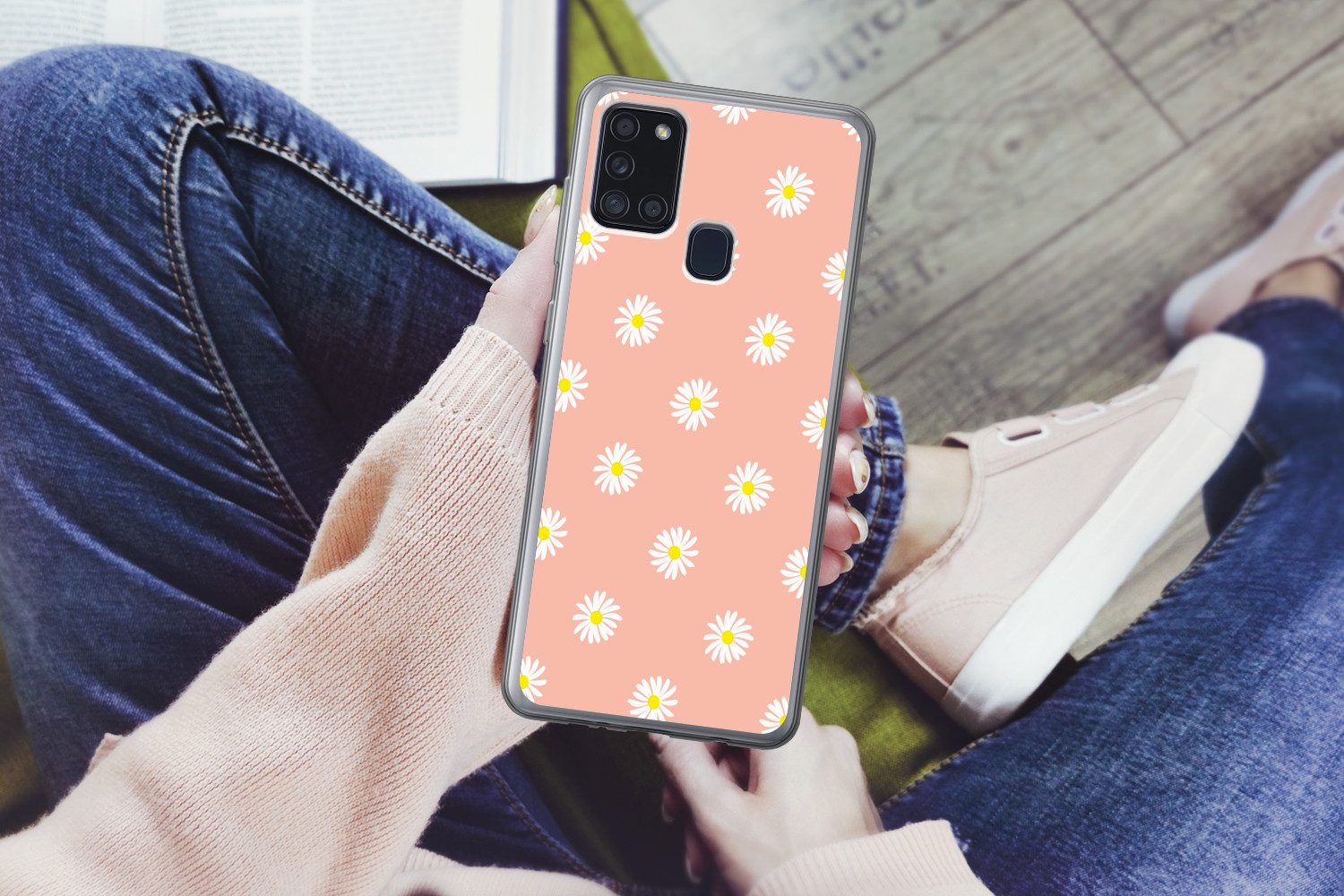 MuchoWow Handyhülle für Samsung Galaxy A21s Gänseblümchen - Pastell - Weiß - Rosa - Blumen, Smartphone-Bumper, Print, Handy Schutzhülle Dünn