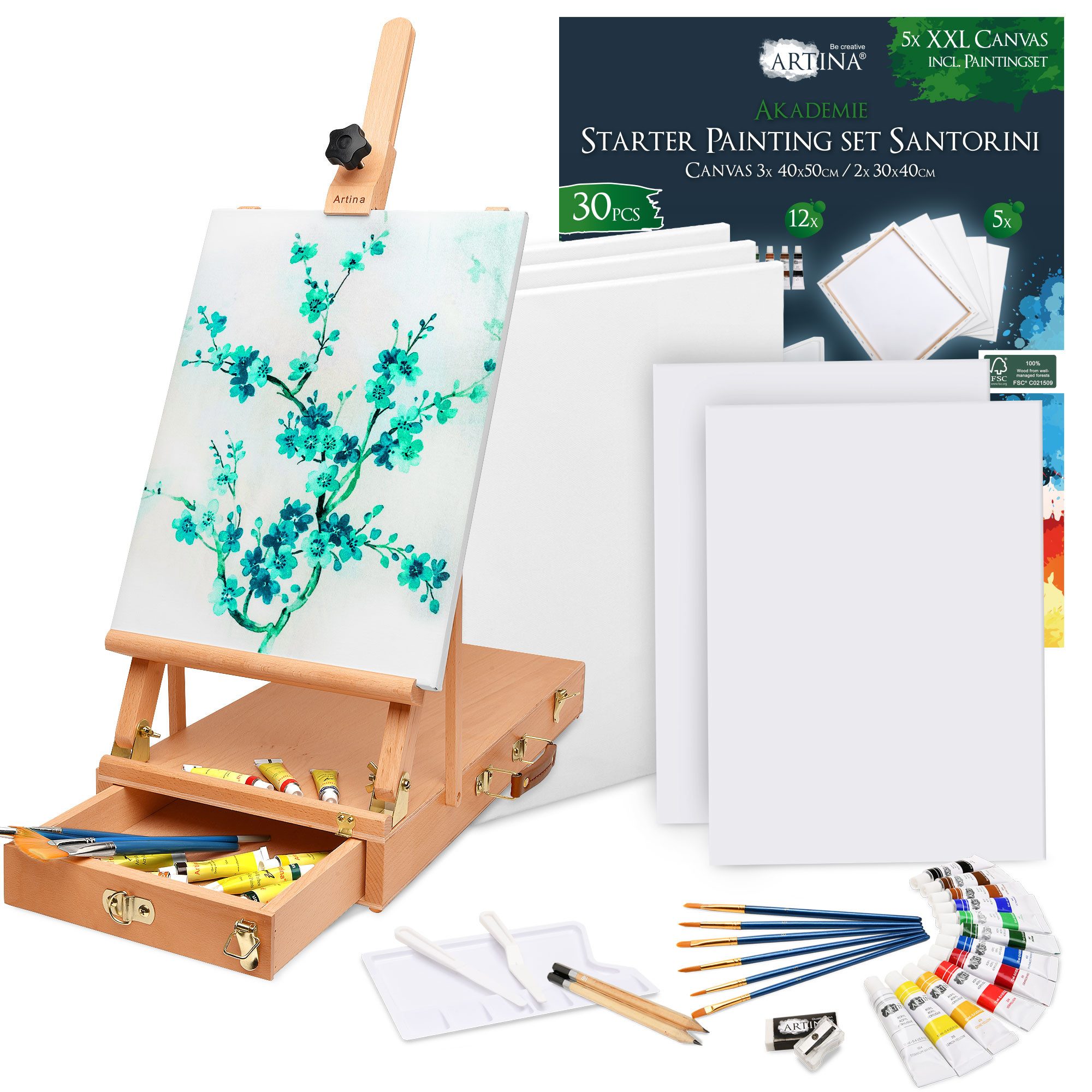 Artina Kreativset 30tlg Malset Santorini inkl. Kofferstaffelei Le Mans ?, Acryl Farben Set mit Keilrahmen, 12 Farben, Pinsel & Staffelei