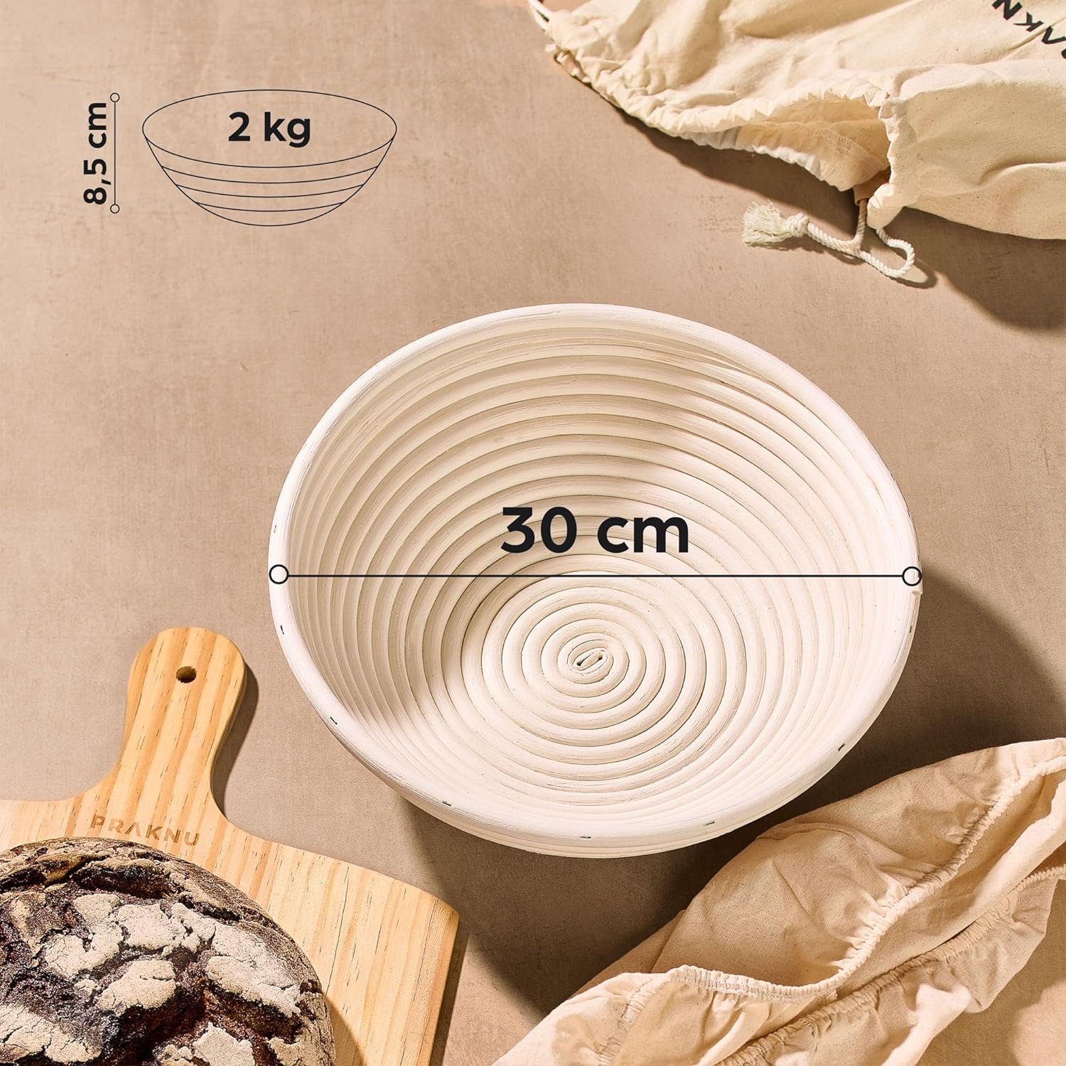Praknu Gärkorb Gärkorb zum Brotbacken - Aus nachhaltigem Rattan - Rund - 30cm - Set, Aus nachhaltigem Rattan - Geruchsneutral - Mit Backutensilien