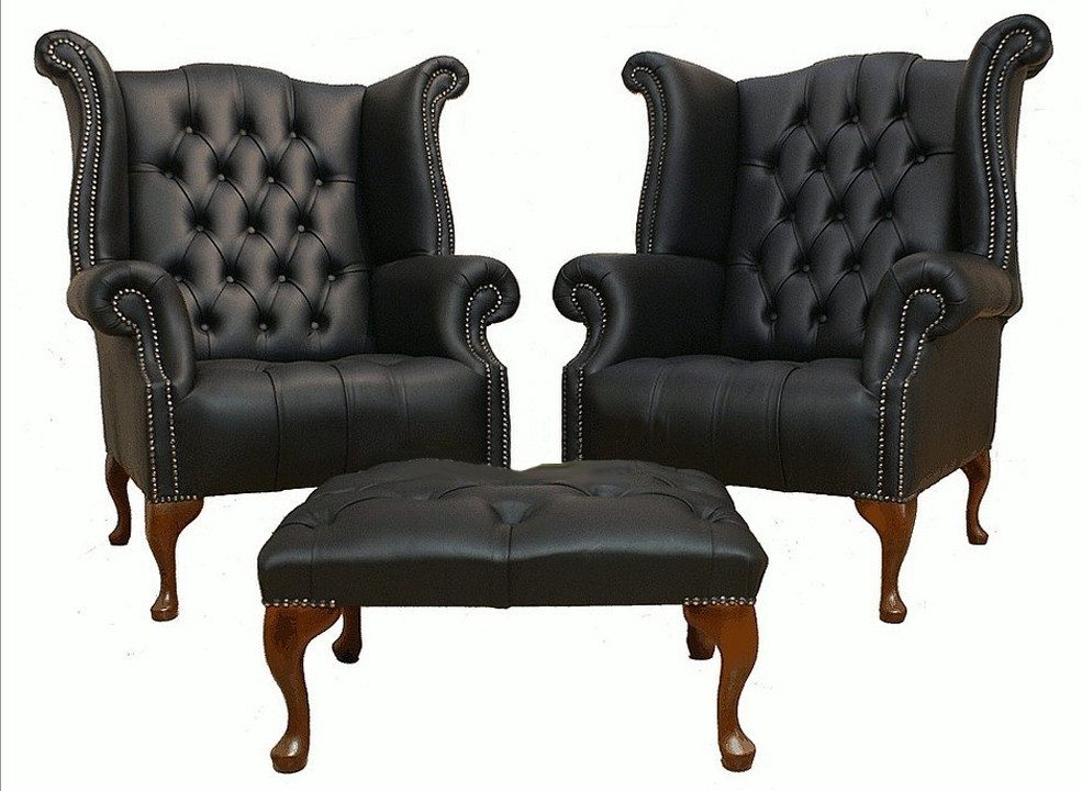 Xlmoebel Ohrensessel Chesterfield Lounge-Sessel 2er Set mit Hocker - Ledersofa-Ensemble (2x Ohrensessel + Hocker), Hergestellt in Europa