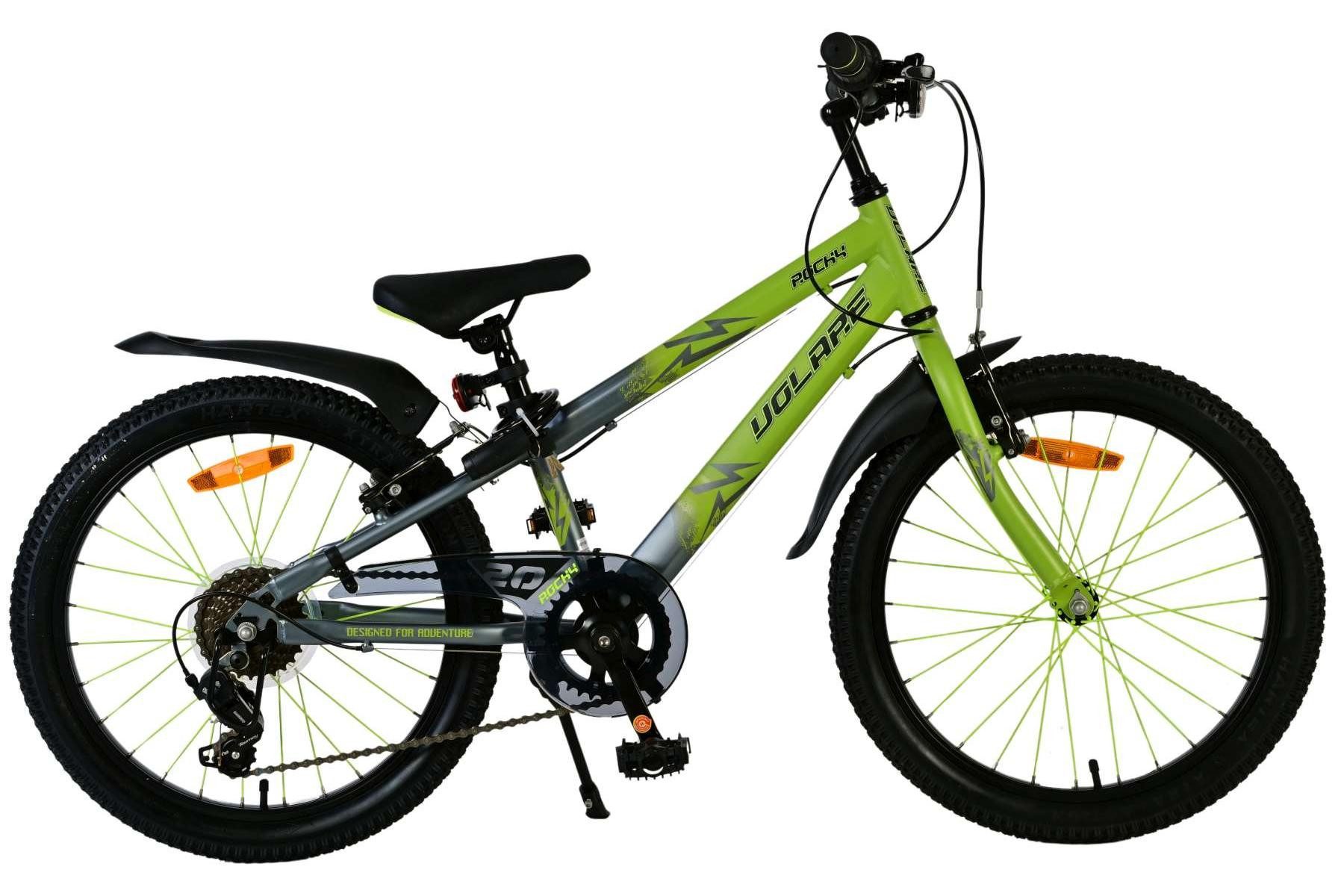 Volare Kinderfahrrad Volare Rocky Kinderfahrrad - 20 Zoll - 7 Gang – Grün/Grau, Vorderradbremsen, Aluminiumfelgen, Pistoltype Kettenkasten