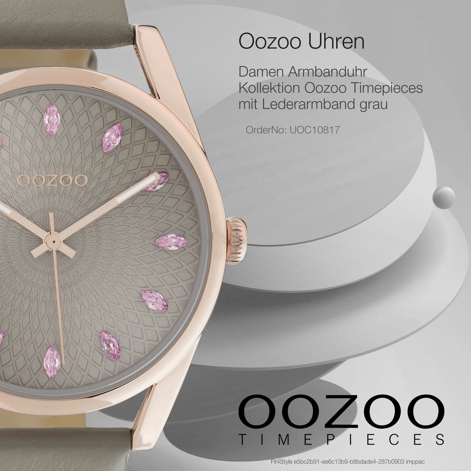 OOZOO Quarzuhr Oozoo Damen Armbanduhr grau Analog, (Analoguhr), Damenuhr rund, groß (ca. 45mm) Lederarmband, Elegant-Style