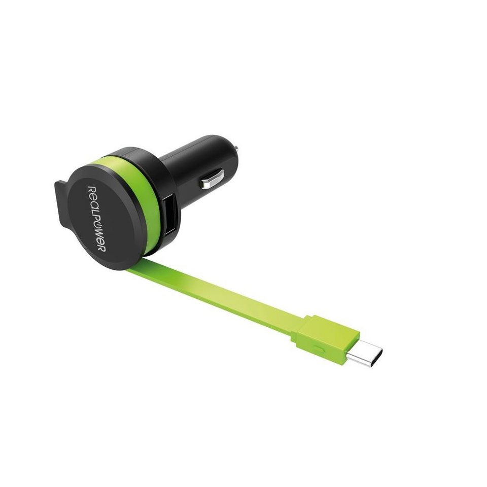 Realpower USB KFZ Auto Ladestation USB-Ladegerät (mit integrietem USB-C  Kabel für Zigarettenanzünder, schwarz/grün)