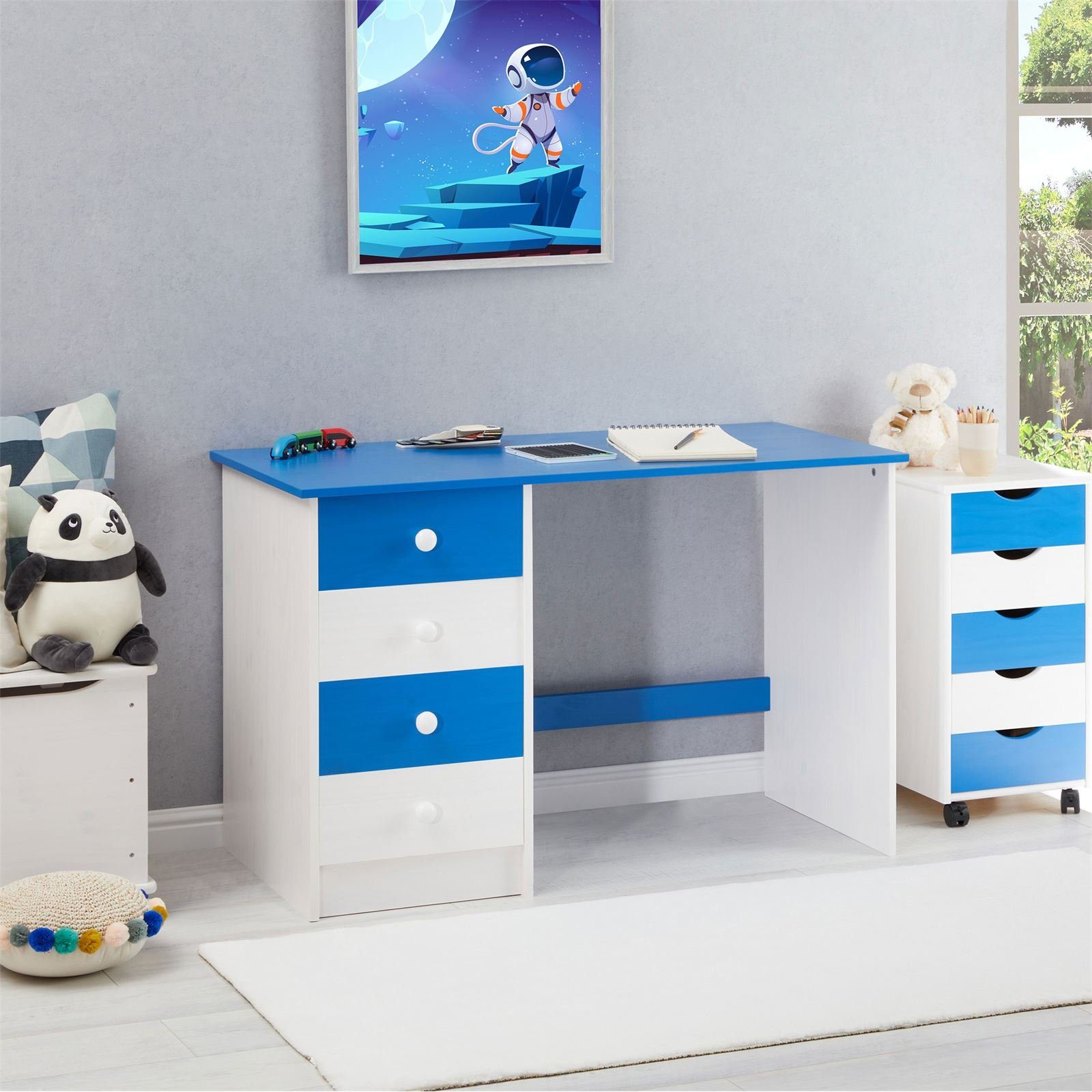 mit Kinderschreibtisch ARNE, kiefern IDIMEX Schreibtisch Schreibtisch aus 4 weiß/blau massivem Schubkästen