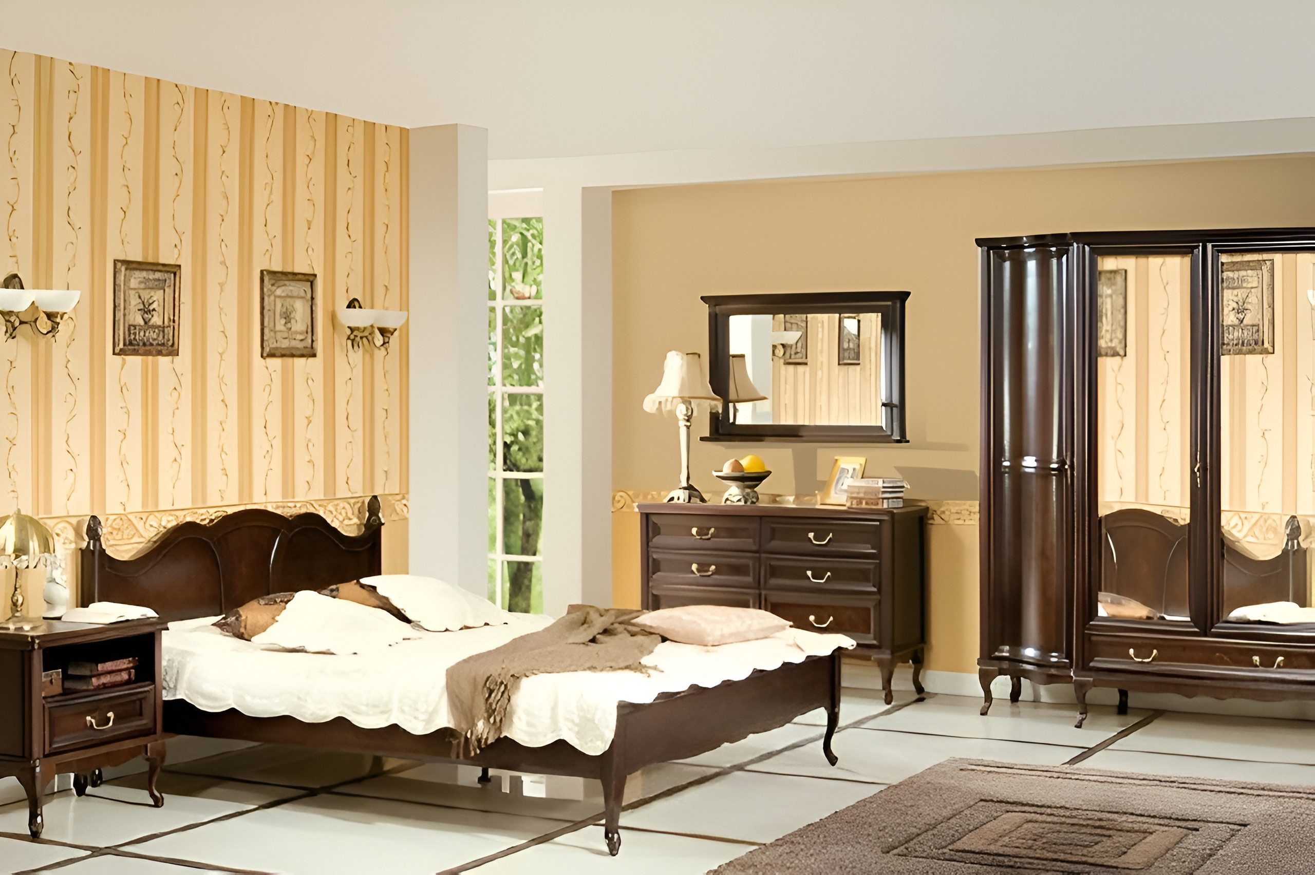Xlmoebel Komplettschlafzimmer Elegantes Schlafzimmer-Set im italienischen Design aus Holz, (6-tlg., Bett + 2x Nachttische + Kleiderschrank + Kommode + Spiegel), Hergestellt in Europa