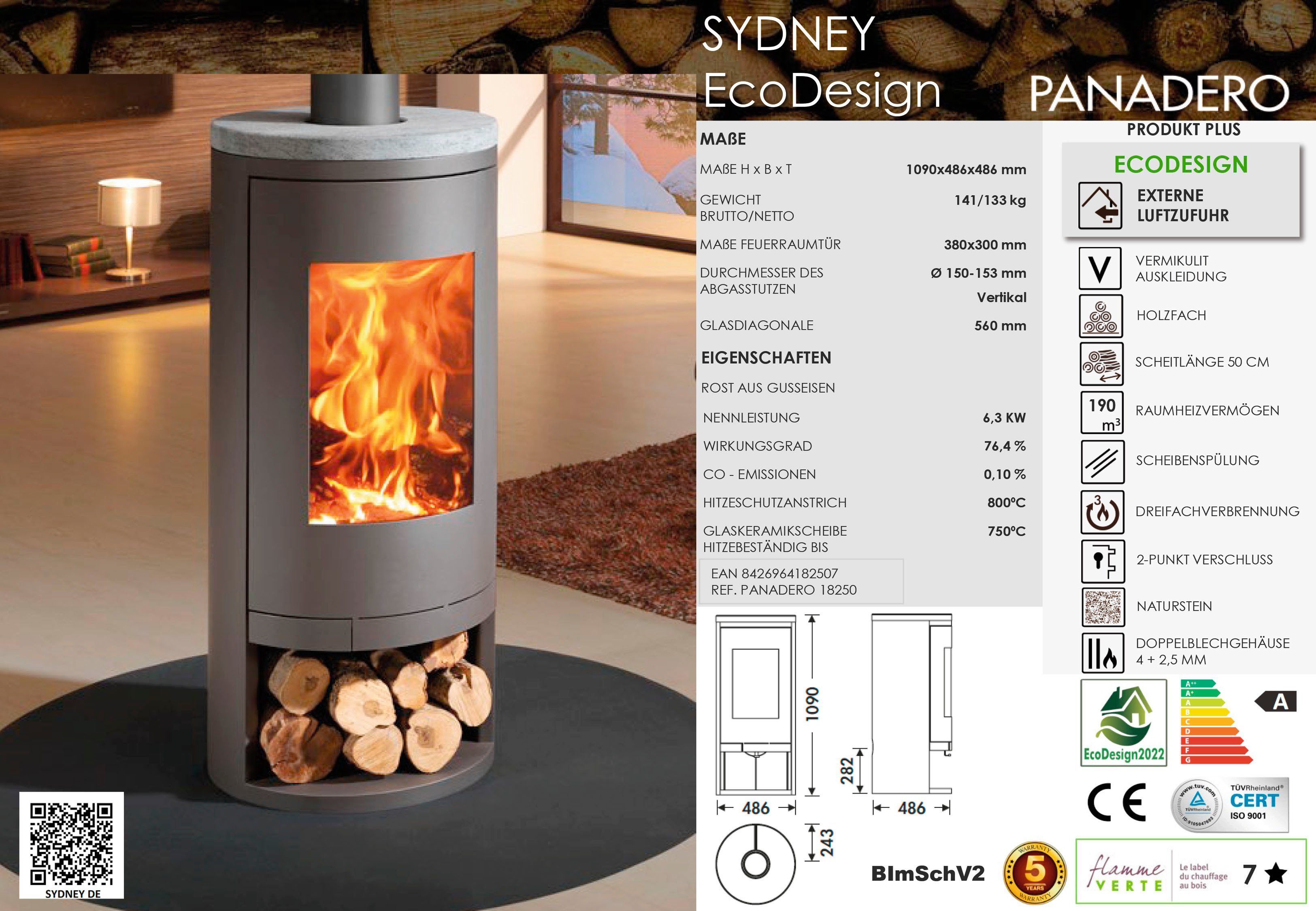 Zeitbrand, kW, Ecodesign, 6,3 Kaminofen Sydney (1-tlg) Panadero Kaminofen
