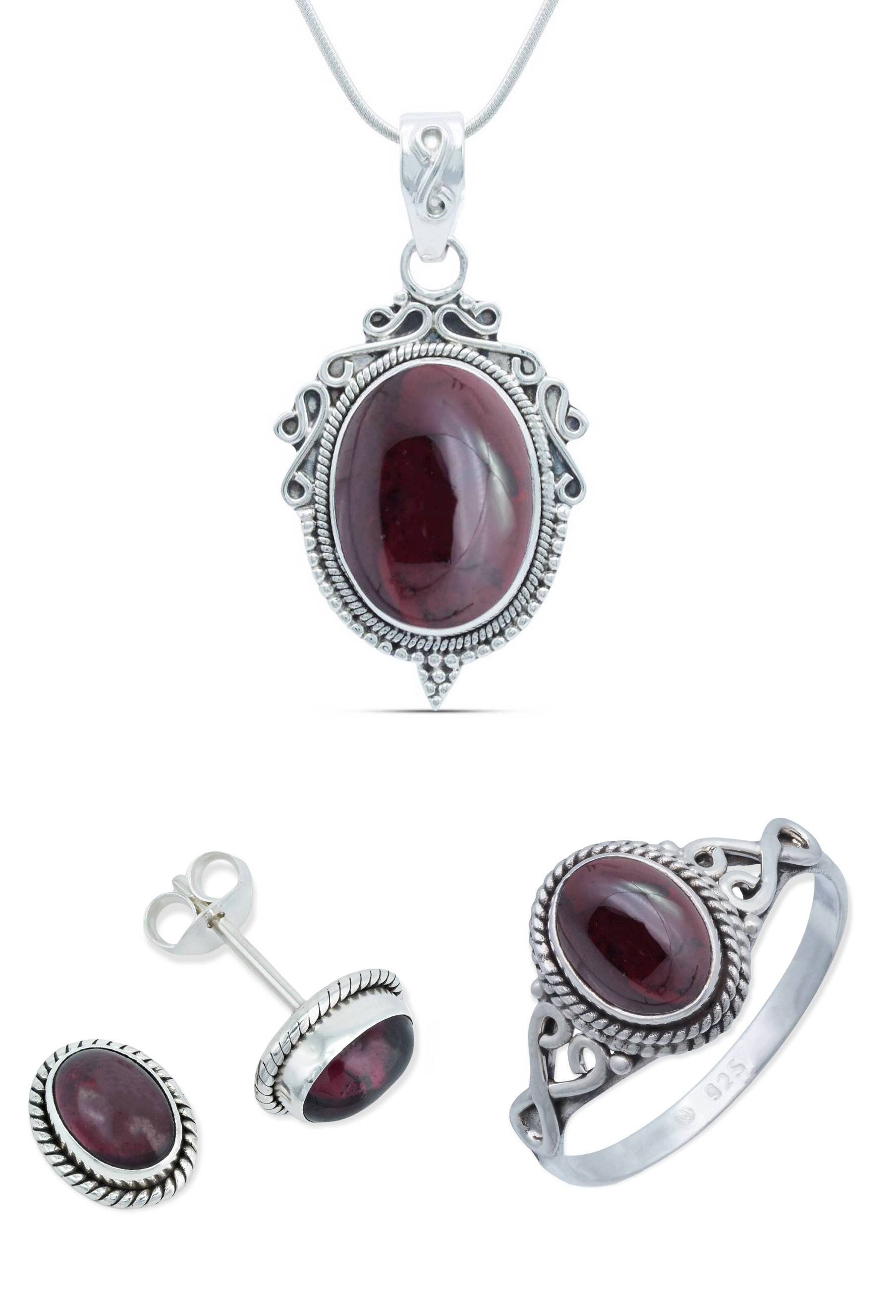 mantraroma Schmuckset 925er Silber mit Granat (Schmuckset aus 925 Silber)