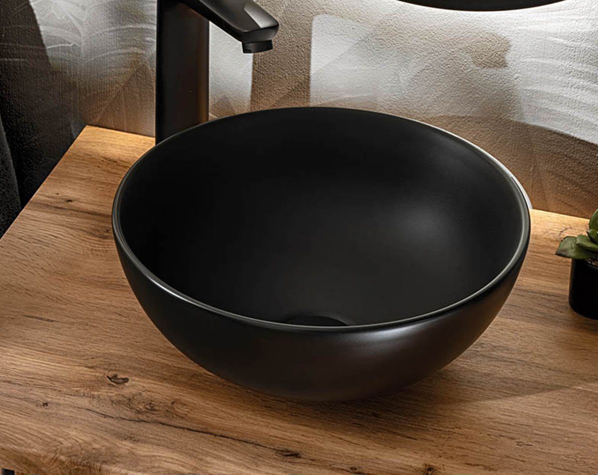 einfachgutemoebel Waschtisch-Set Aufsatz-Waschbecken 32 x 32xm rund, Schale Keramik, schwarz-matt, (Waschbecken, 1-St., Раковини)