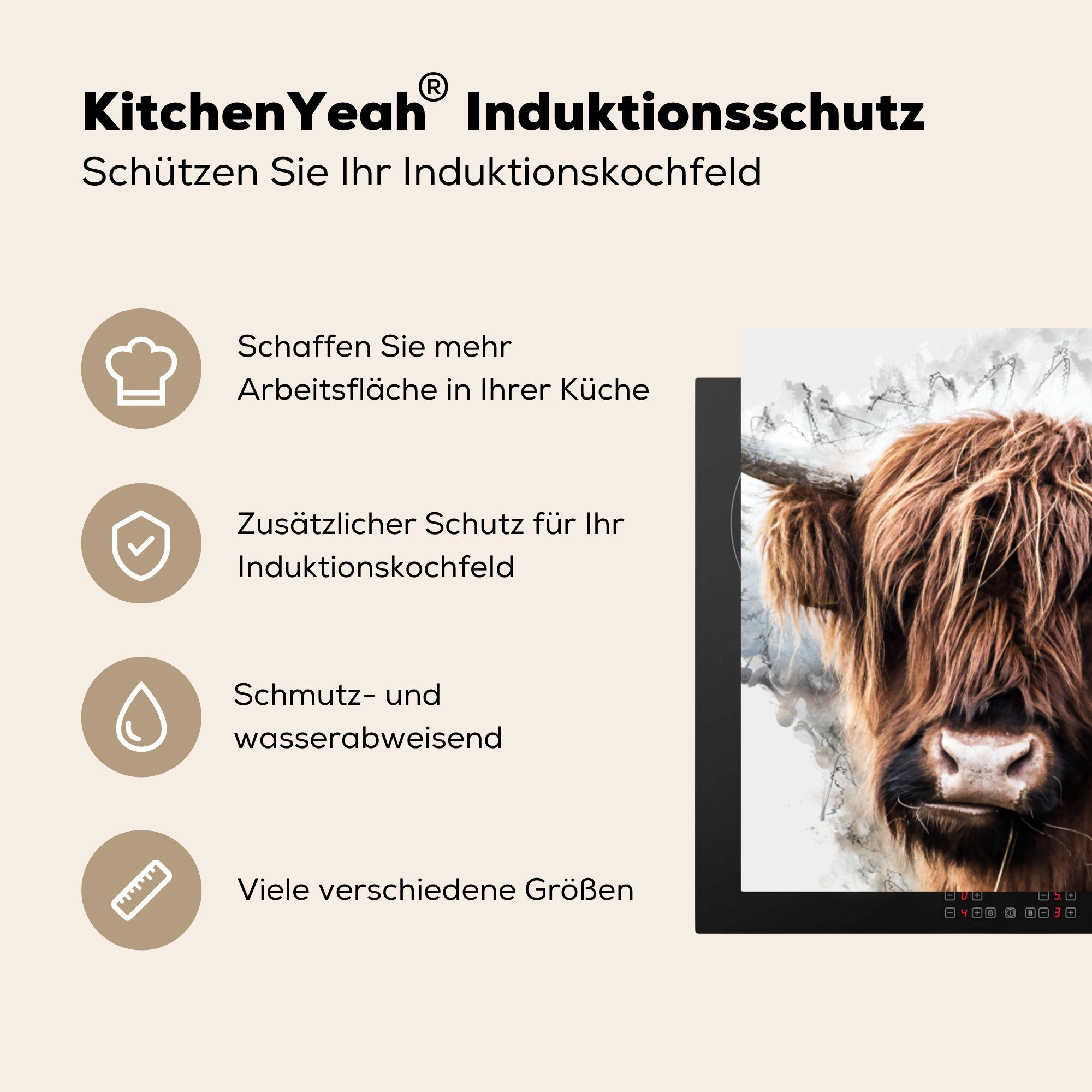 Ceranfeldabdeckung, Weiß, MuchoWow Vinyl, - Arbeitsplatte küche - Herdblende-/Abdeckplatte Schottischer Kuh (1 Highlander für cm, tlg), 78x78