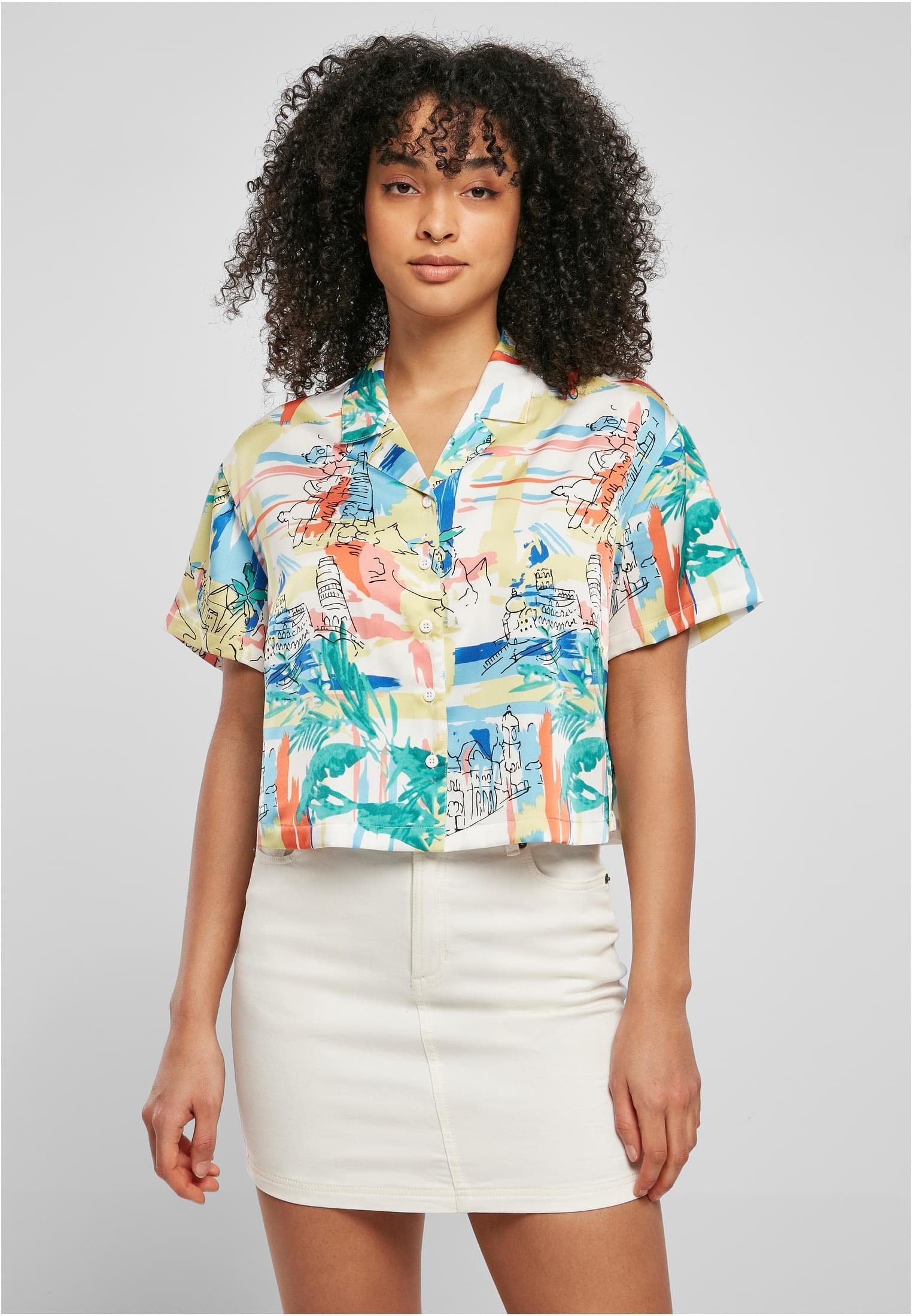 Shirt, Übergangsjacke AOP Bluse CLASSICS kühle Damen Satin oder Perfekte für Resort URBAN Ladies Sommerabende Klassische