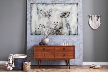 YS-Art Gemälde Glückliches Schaf, Tiere, Leinwand Bild Handgemalt Tier Rosa Blau Schwarz