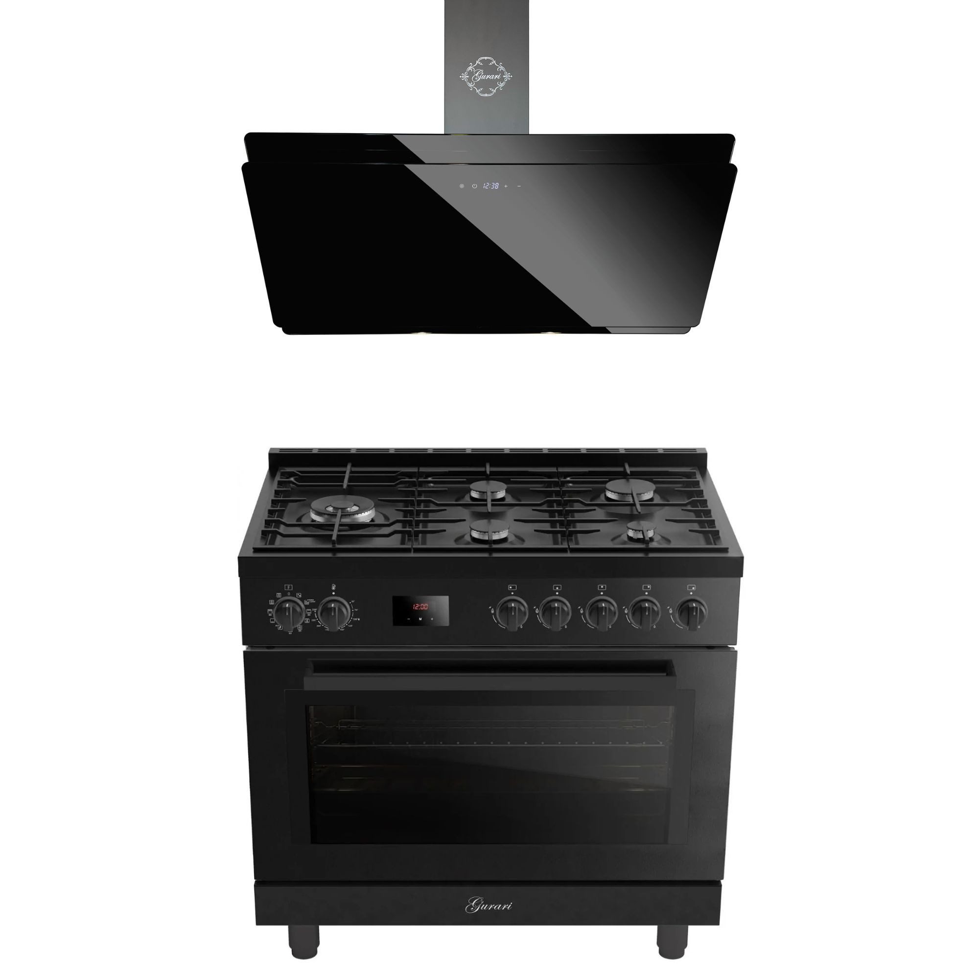 GURARI Gasherd-Set Gas Elektro Standherd 90 cm 126 L Erdgas Fl.Gas 4 Kw WOK Schwarz+Dunstabzugshaube 90 cm, 1000 m³/h GCH E 818 BL+GCH S 411 90 BL PRIME N, mit 1-fach-Teleskopauszug