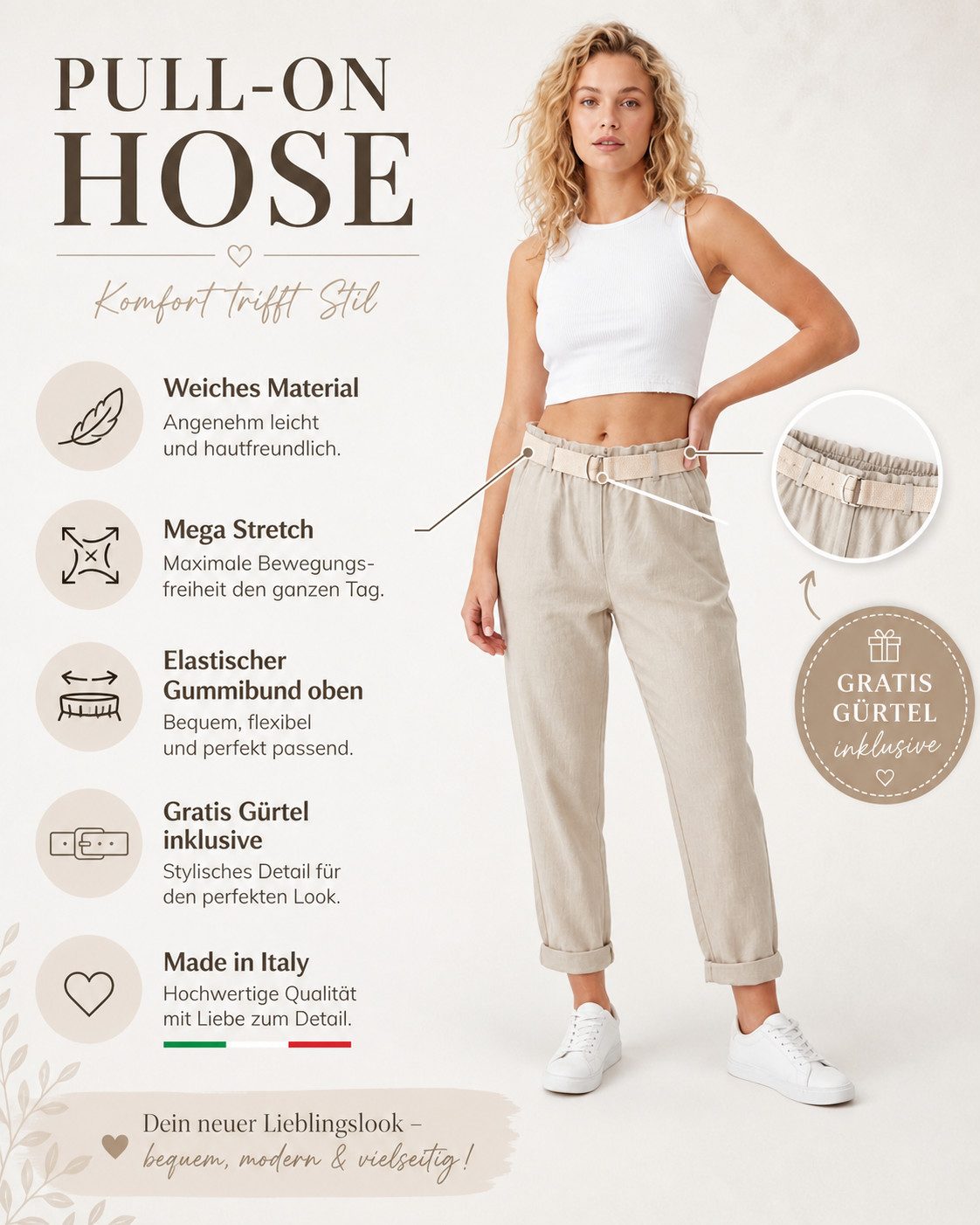 Kendindza Collection Stretch-Hose Damen Chino Hose Stretch mit Gürtel Stoffhose Damen elegant Loose Fit Weiches Material - Loose Fit - weiter geschnitten - Gürt – Bild 2 von 5