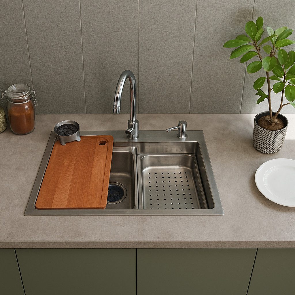 Faizee Home Edelstahlspüle Quantum Edelstahlspüle 75x45 cm – Küchenspüle mit Zubehör
