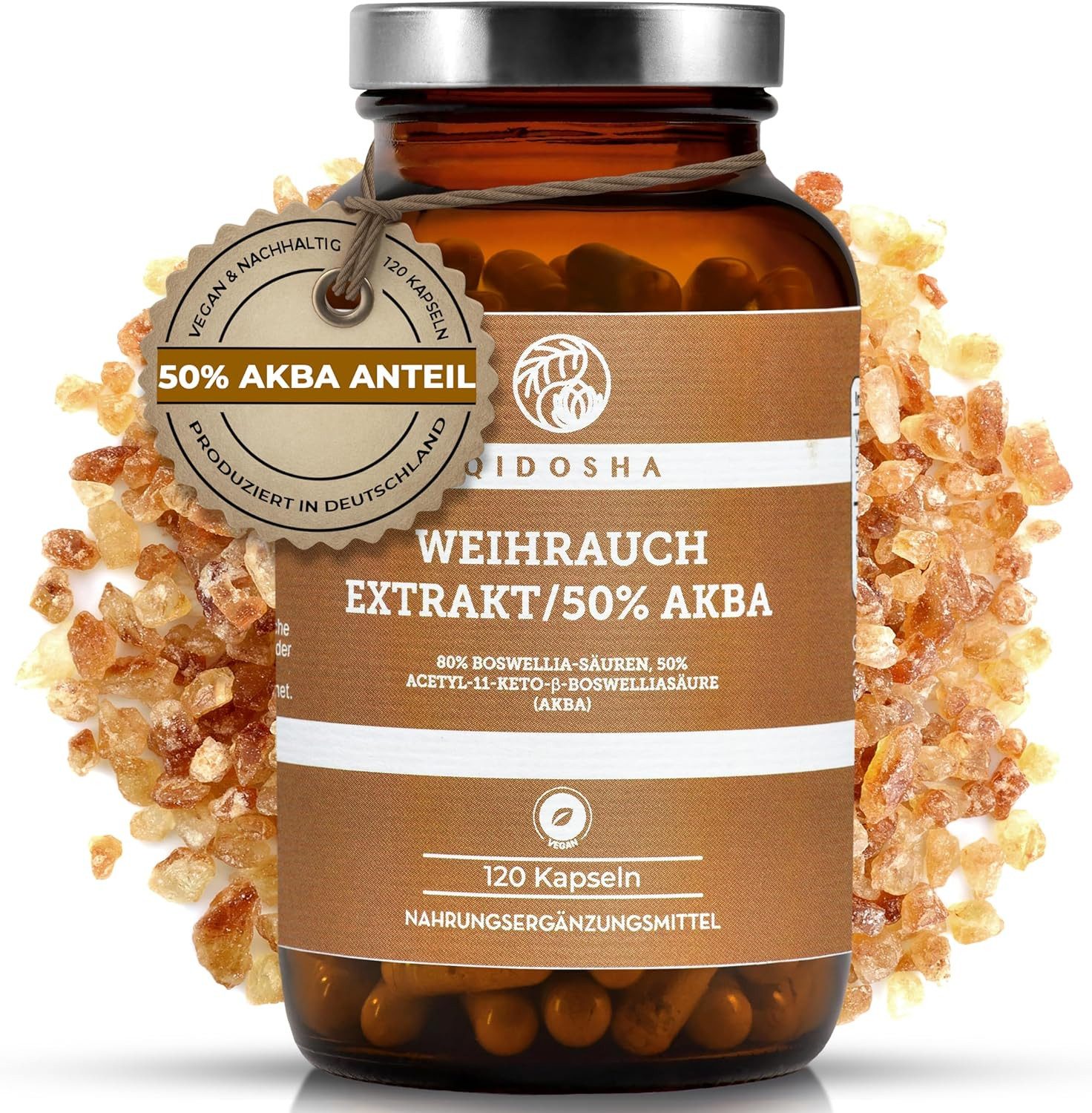 QIDOSHA Weihrauch AKBA Kapseln, höchster AKBA-Gehalt am Markt, 120 Stk/Glas, 250mg Weihrauch-Extrakt mit 125mg AKBA je Kapsel, 80% Boswellia-Säuren, AKBA Kapseln hochdosiert mit 50% AKBA à 120 St., 39.6 g