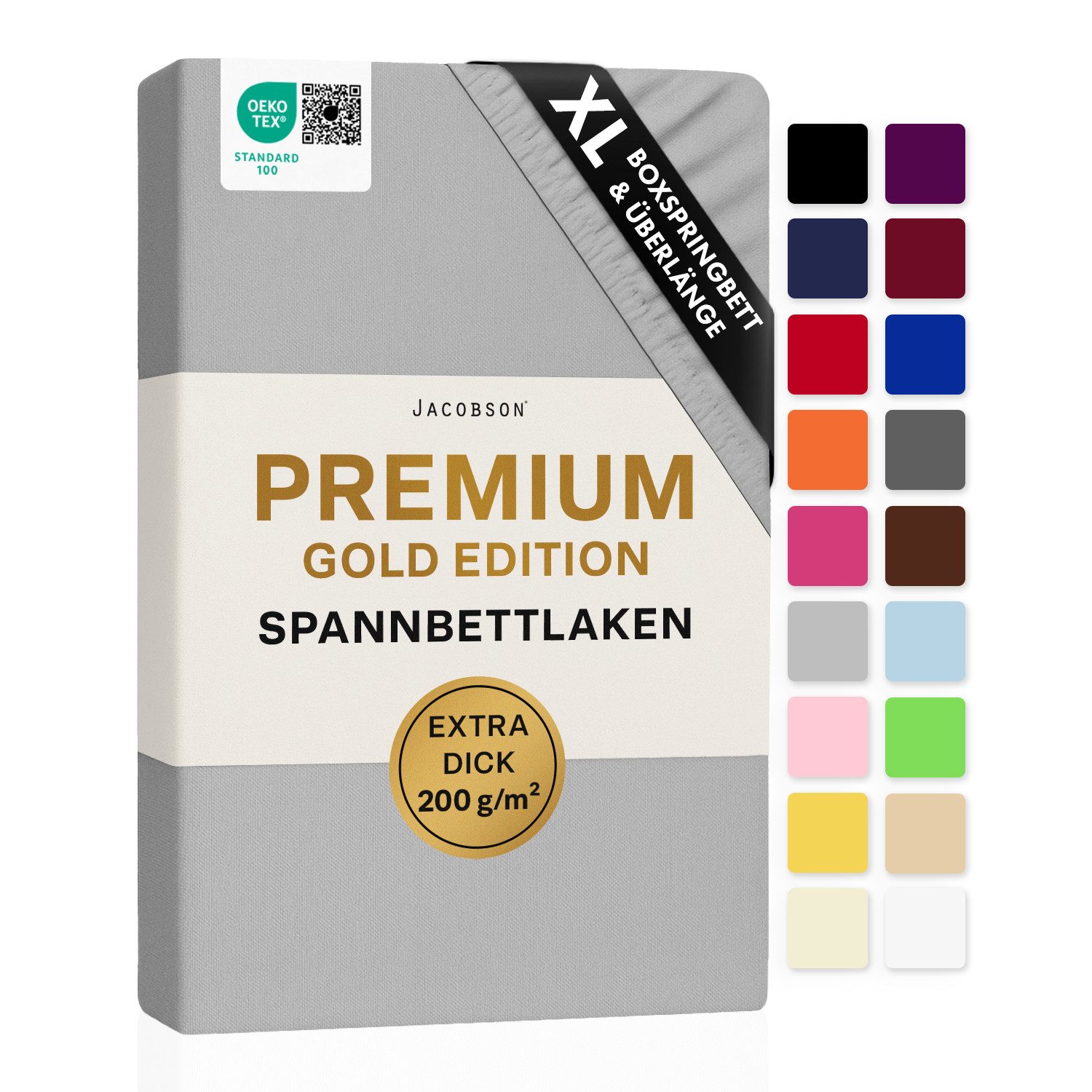 Jacobson Spannbettlaken PREMIUM für hohe Matratzen, Boxspringbett & Überlänge - 200 g/m², Stoffgewicht - straffer Sitz für maximalen Halt