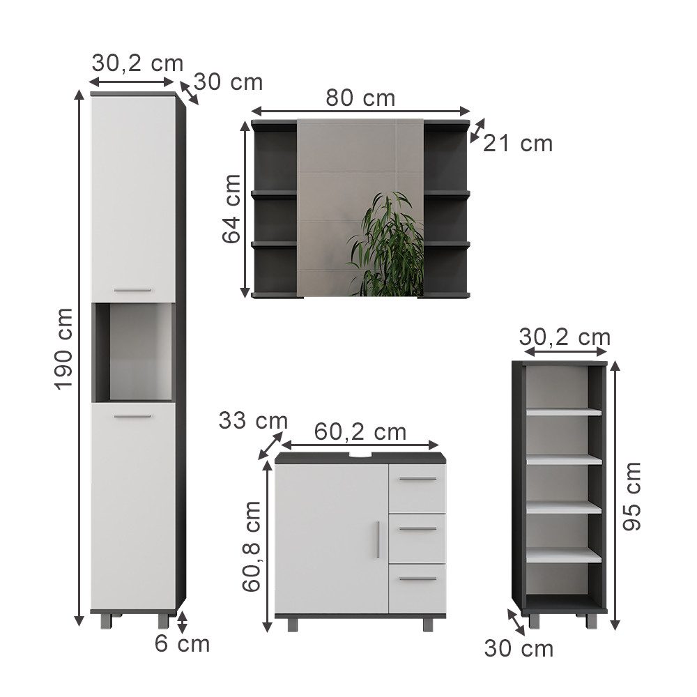 Vicco Badmöbel-Set Ilias, Anthrazit/Weiß, 4 Teile, (4-St., 4er Set)