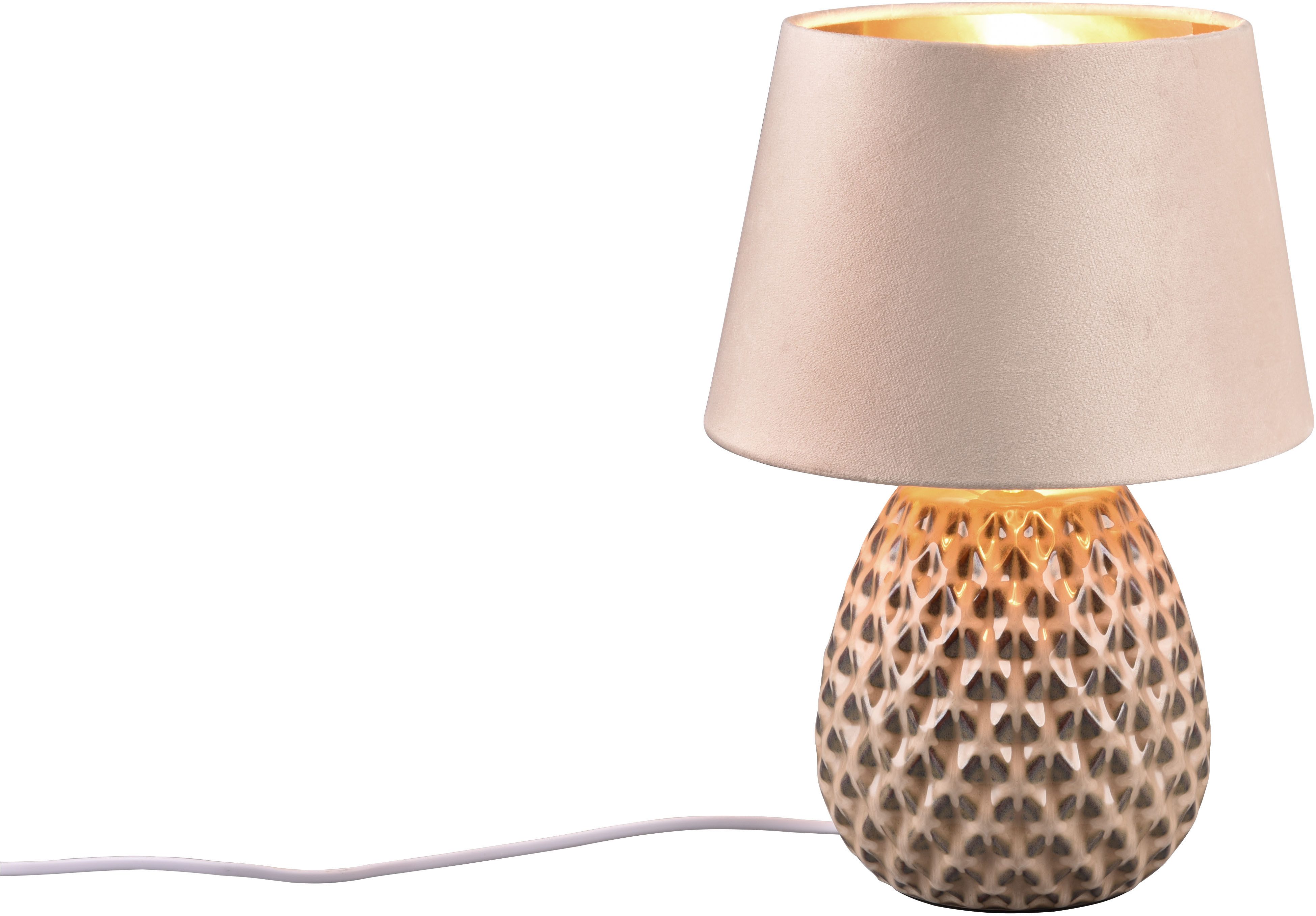 Reality Leuchten Schreibtischlampe ARIANA Tischleuchte exkl 1xE27 max60W Höhe 35cm Ø 24cm Nachttischlampe, Ein-/Ausschalter, Leuchtmittel wechselbar, warmweiß - kaltweiß, Struktur Keramik Samt Schirm innen gold,Tischlampe mit Schnurschalter