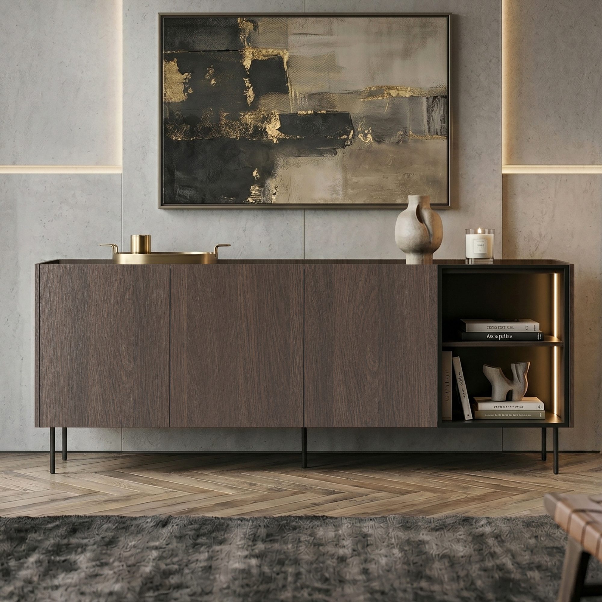 Lomadox Sideboard DENIA-141, Eiche braun 220,2 cm Metallfüße grifflos Softclose LED Beleuchtung