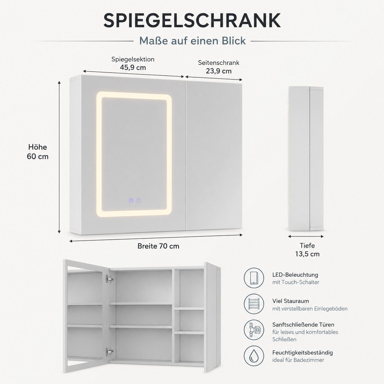Simurq Badezimmerspiegelschrank Spiegelschrank Bad 70cm Mit LED Beleuchtung, Doppelseitiger Spiegel (Set, 3 Farbtemperatur Dimmbare, Badezimmerschrank Wandschra – Bild 2 von 5
