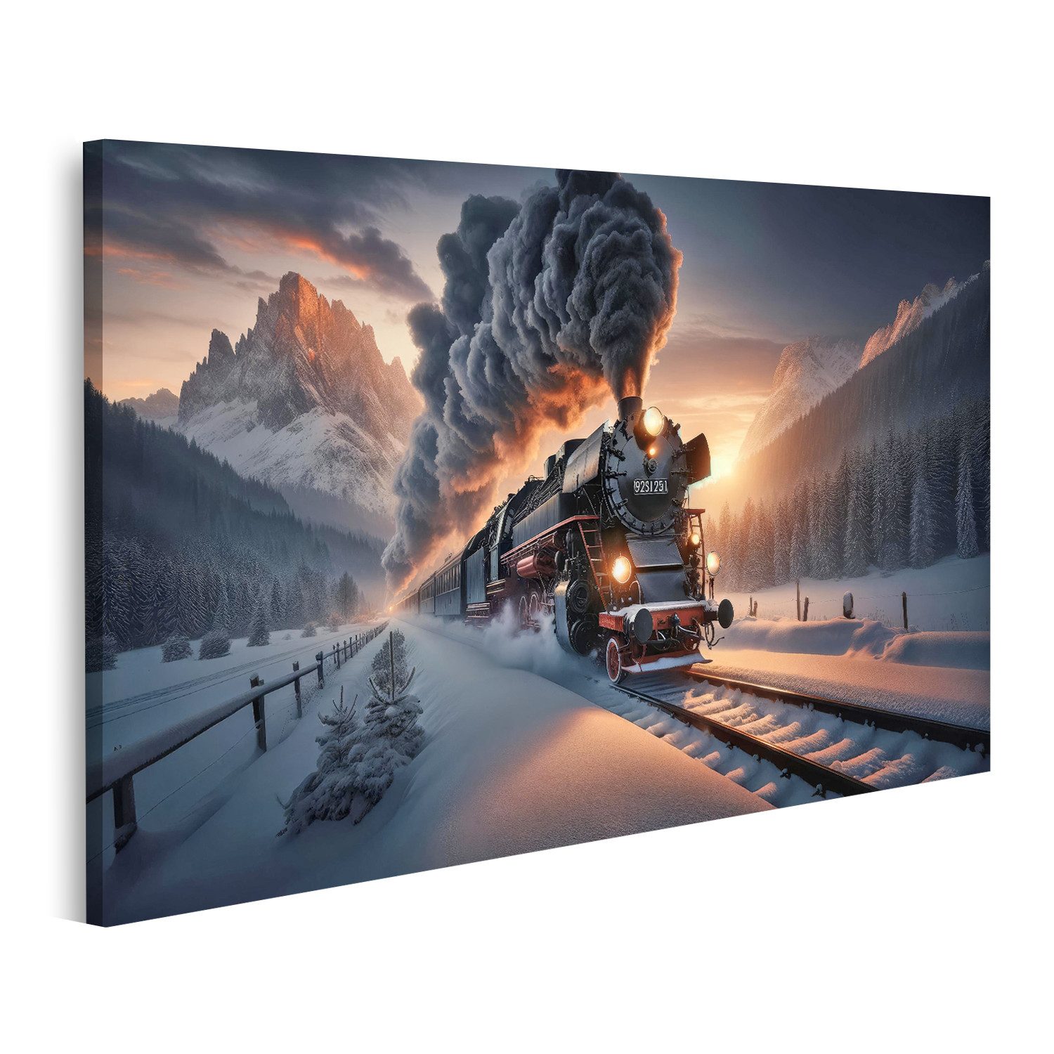 Leinwandbild Schneegestöber und Dampfgeflüster Eisenbahn Romantik pur
