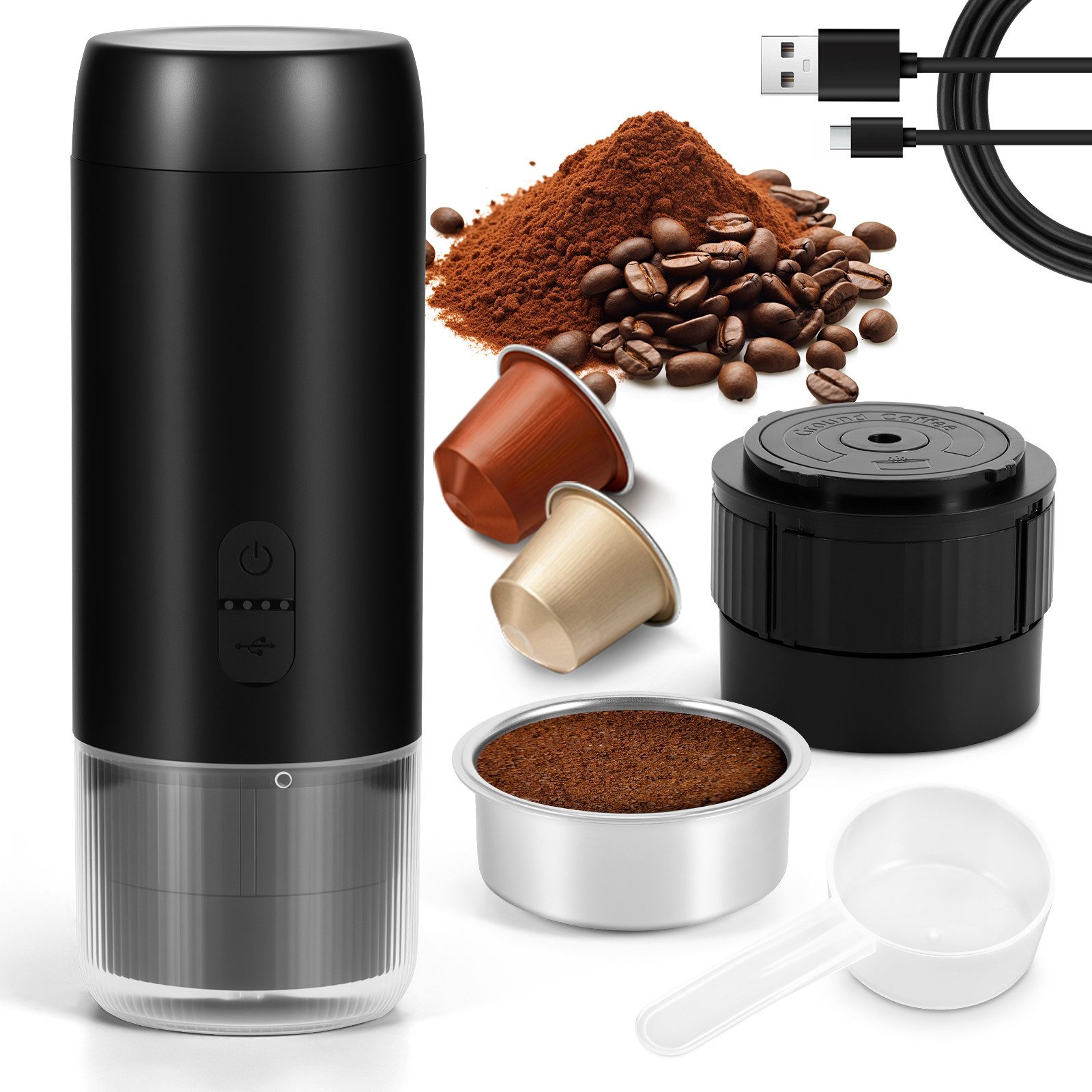 BlingBin Reisekaffeemaschine Tragbare 2‑in‑1 Espressomaschine KFJ‑2S, 0.09l Kaffeekanne, mit USB-Ladefunktion,kompatibel mit gemahlenem Kaffee und Kapseln (NS)