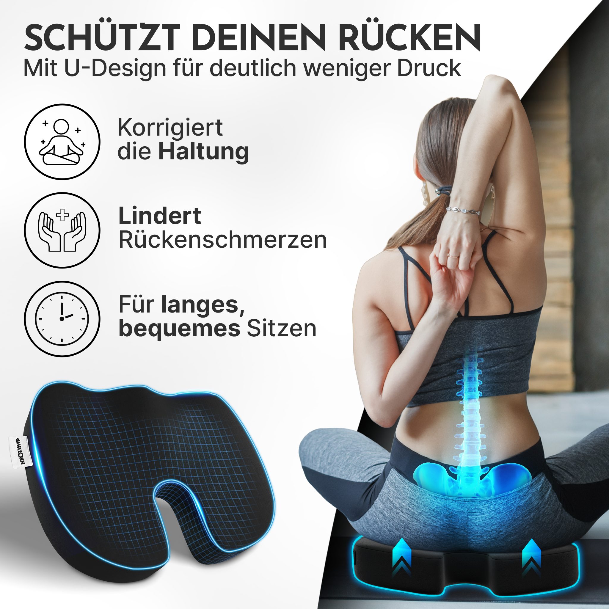 NEOLYMP Sitzkissen Orthopädisches Sitzkissen Memory Foam Kissen mit Steißbein-Aussparung, Ergonomisches Design für Büro, Auto & Reisen – 3 Härtegrade