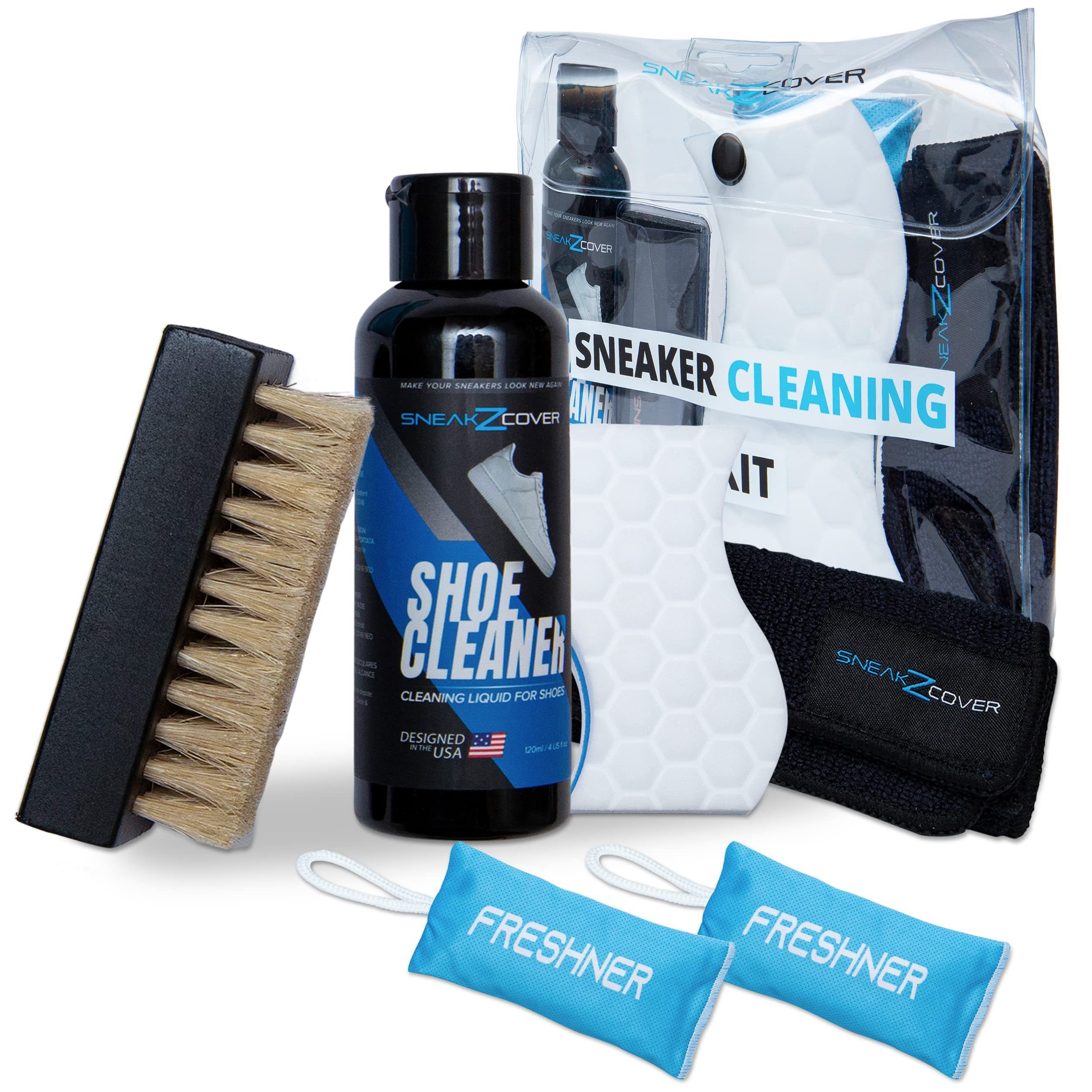 SneakZcover Sneaker Cleaner Set Premium Schuhputzset Schuhreiniger (Schuh Reiniger, Mikrofasertuch, Schuhbürste, Schmutzradierer, Schuhdeo)