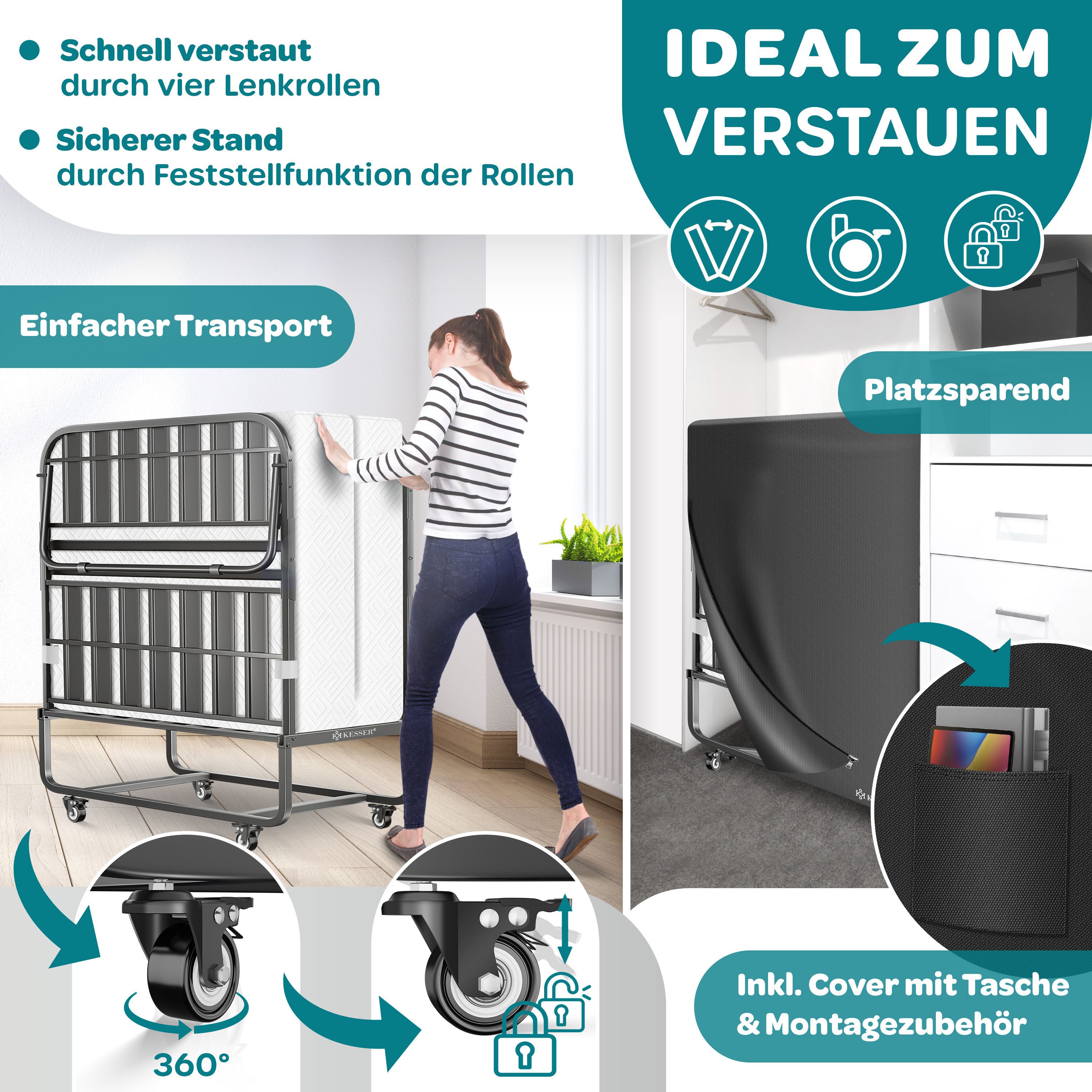 KESSER Gästebett 200x90cm Klappbett faltbares Reisebett mit Metallrahmen für Erwachsene (Metall Bett inkl. Matratze aus Memory-Schaum, Räder & Schutzhülle) Mobiles Bett belastbar bis 250kg mit abnehmbarem Bezug