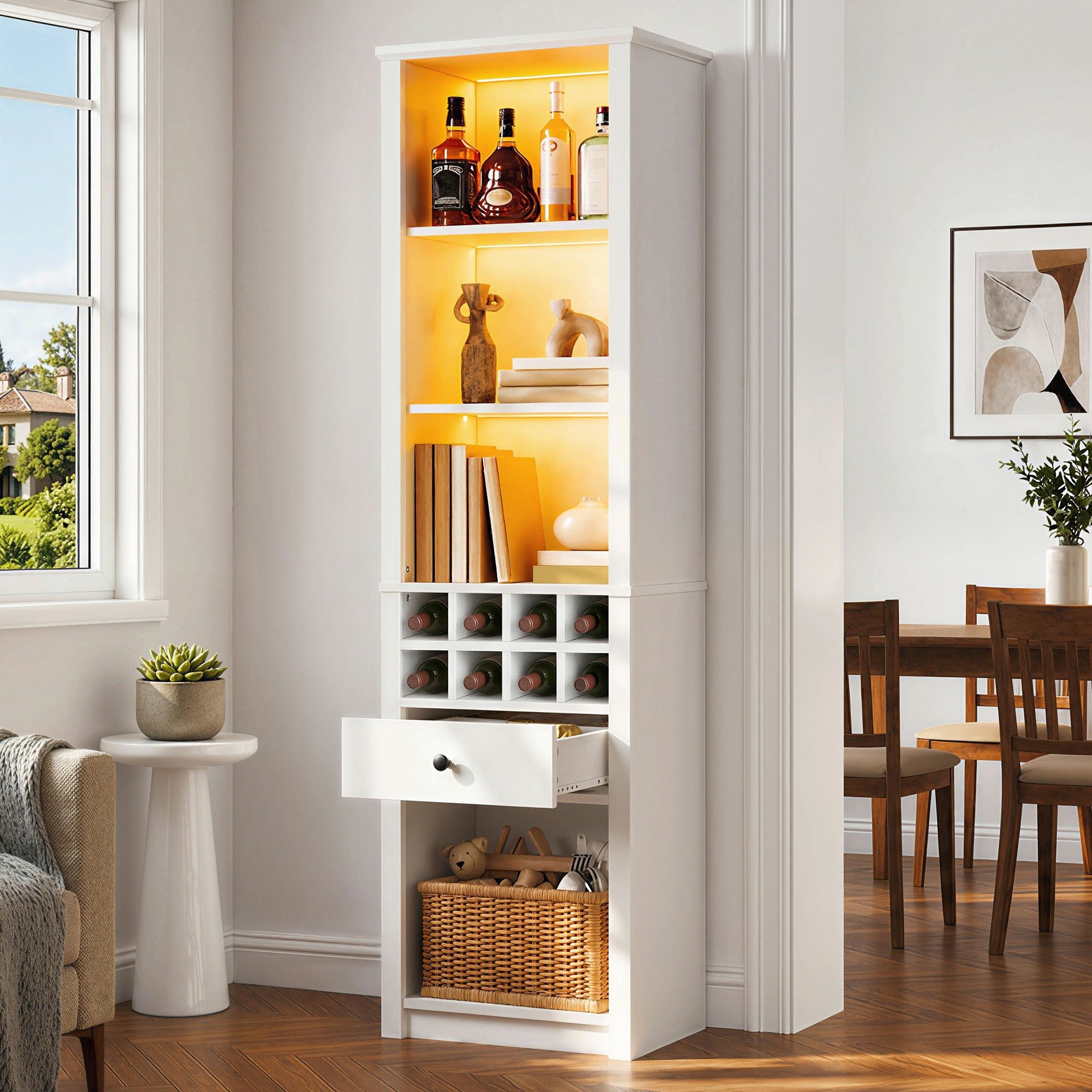BlingBin Standregal weißer Hochschrank 200 cm, Bücherregal mit Weinfach, Vitrinenschrank 1-tlg., mit LED, 1 Schublade und 12 Staufächern, offenes Aufbewahrungsregal