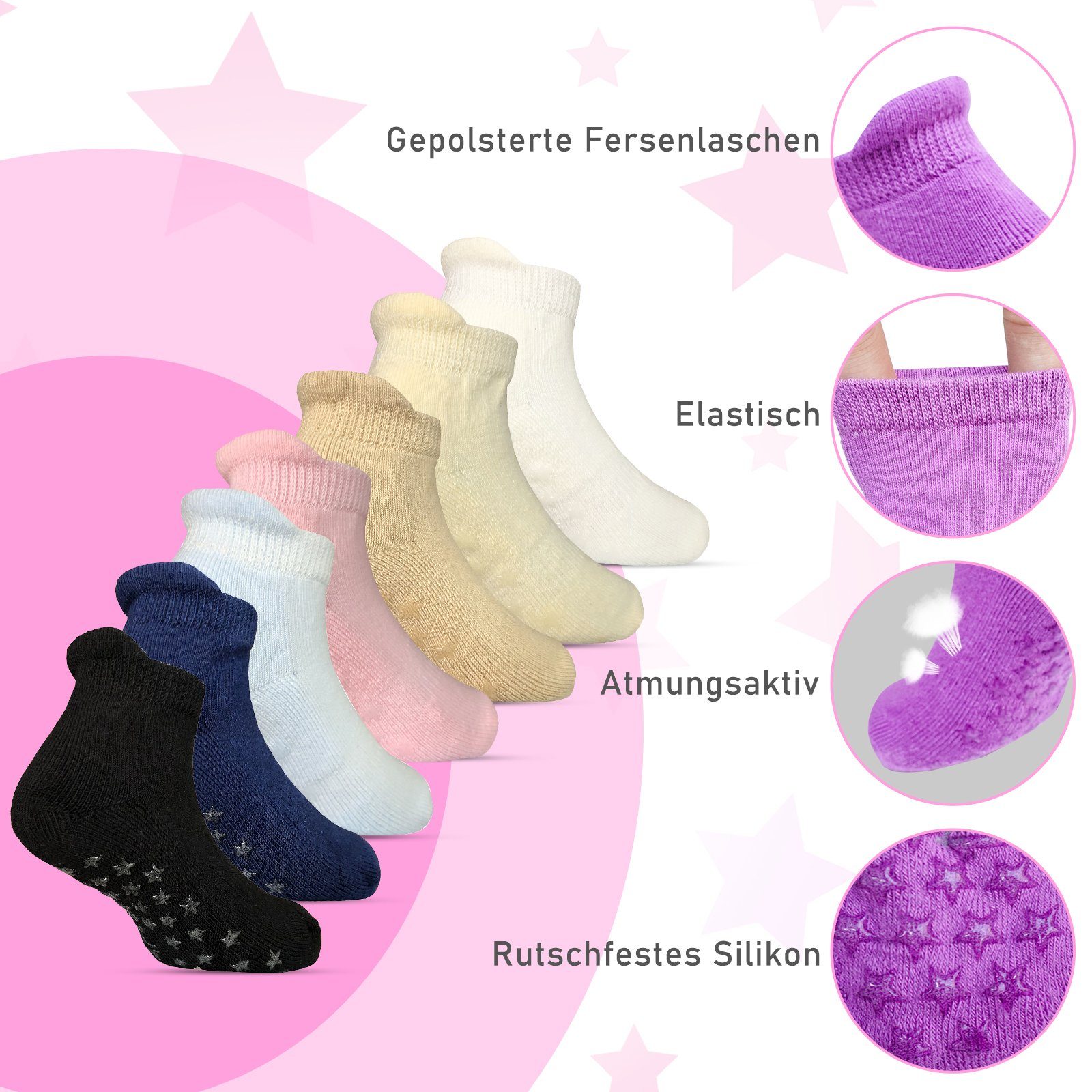 Babysocken Socke Rosa Atmungsaktiv und warm Yalion Baumwoll Kinder Anti-Rutsch-Socken (3-Paar) Weiche Arbeitssocken