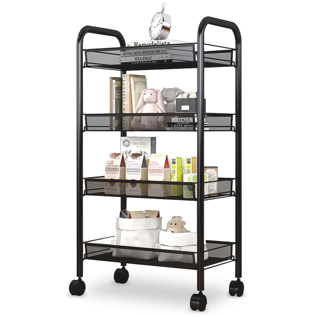 Simloveve Rollwagen Küchenwagen Organizer mit Griff, Servierwagen 4 Ebenen,Küchentrolley, (Edelstahl), Nischenregal auf Rollen, Mehrzweckwagen Blumenregal Badregal