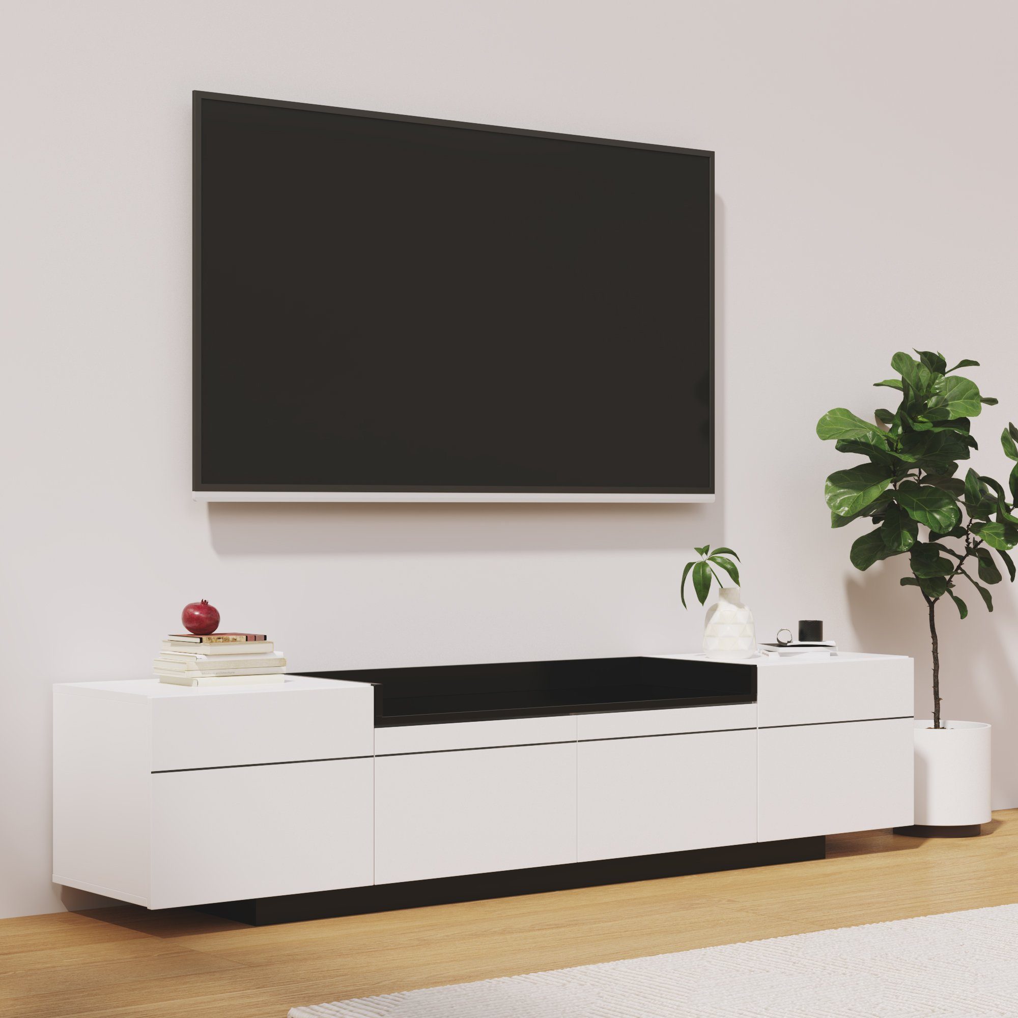 Odikalo TV-Schrank Sideboard Lowboard Türen Stauraum Weiß Colorblock-Design Hochglanz 3